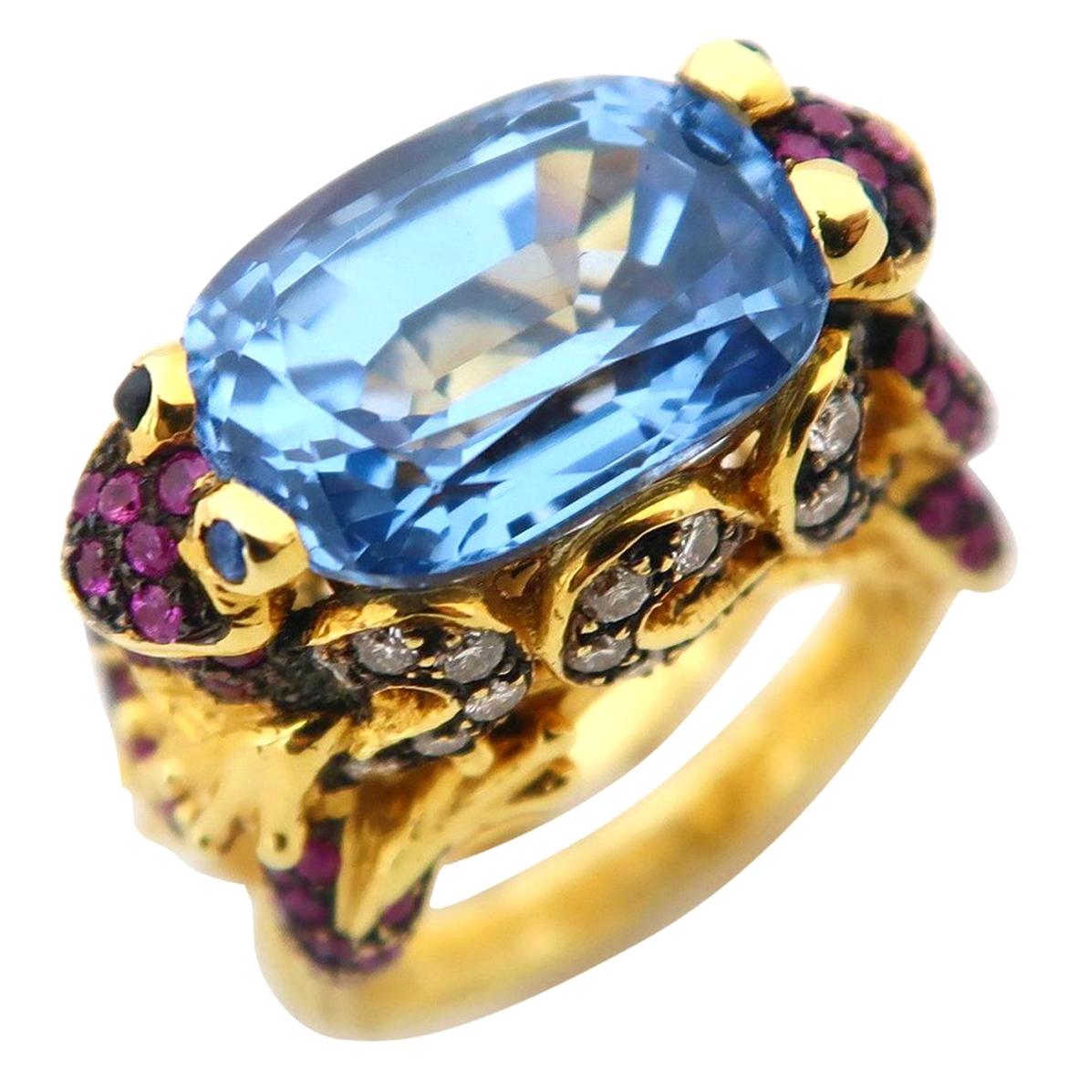 Frog Prince 7.17 Carat Blue Topaz Pink Blue Sapphire Champagne Diamond Gold Ring For Sale