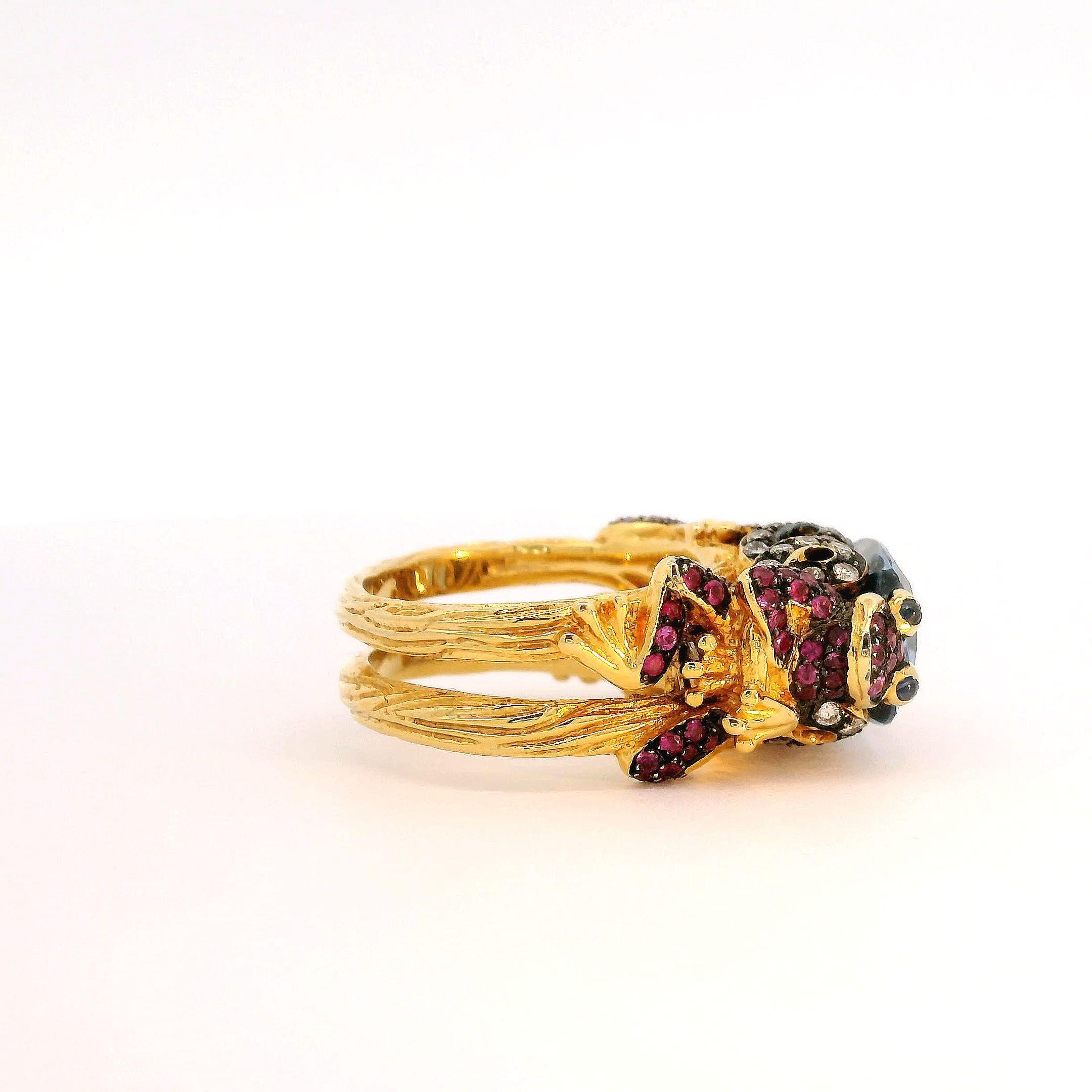 Frog Prince 7.17 carat Blue Topaz Ring with Brown Diamond Pink and Blue Sapphire In New Condition In Hong Kong, HK