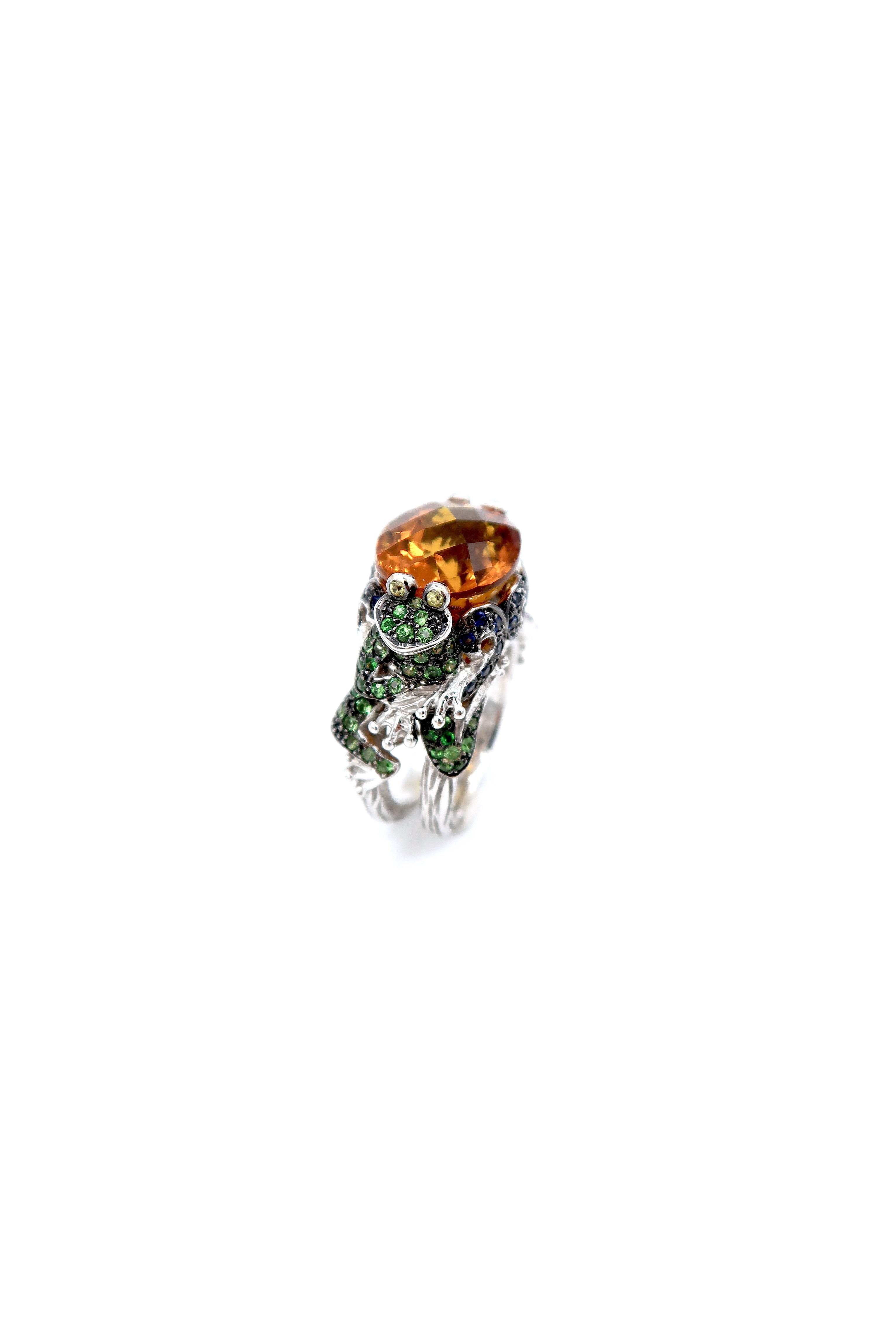 Frog Prince 9.25 Carat Citrine Blue Pink Sapphire Tsavorite Gold Cocktail Ring In New Condition For Sale In Bangkok, TH