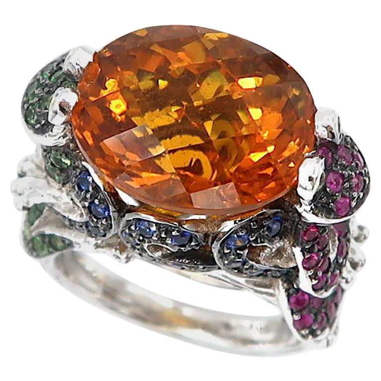 Frog Prince 9.25 Carat Citrine Blue Pink Sapphire Tsavorite Gold Cocktail Ring For Sale