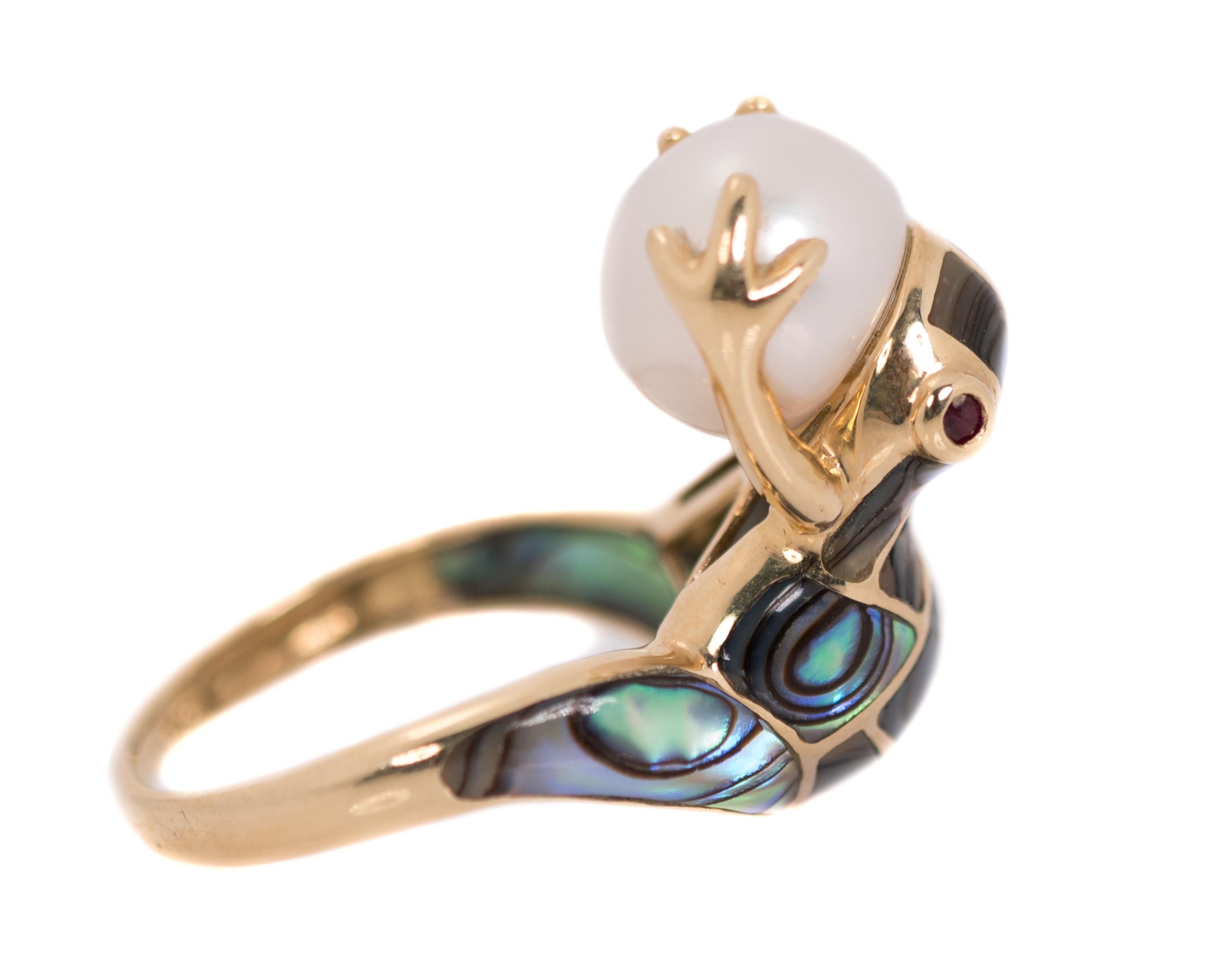 Frog Ring with 14 Karat Yellow Gold, Pearl, Abalone and Ruby 1