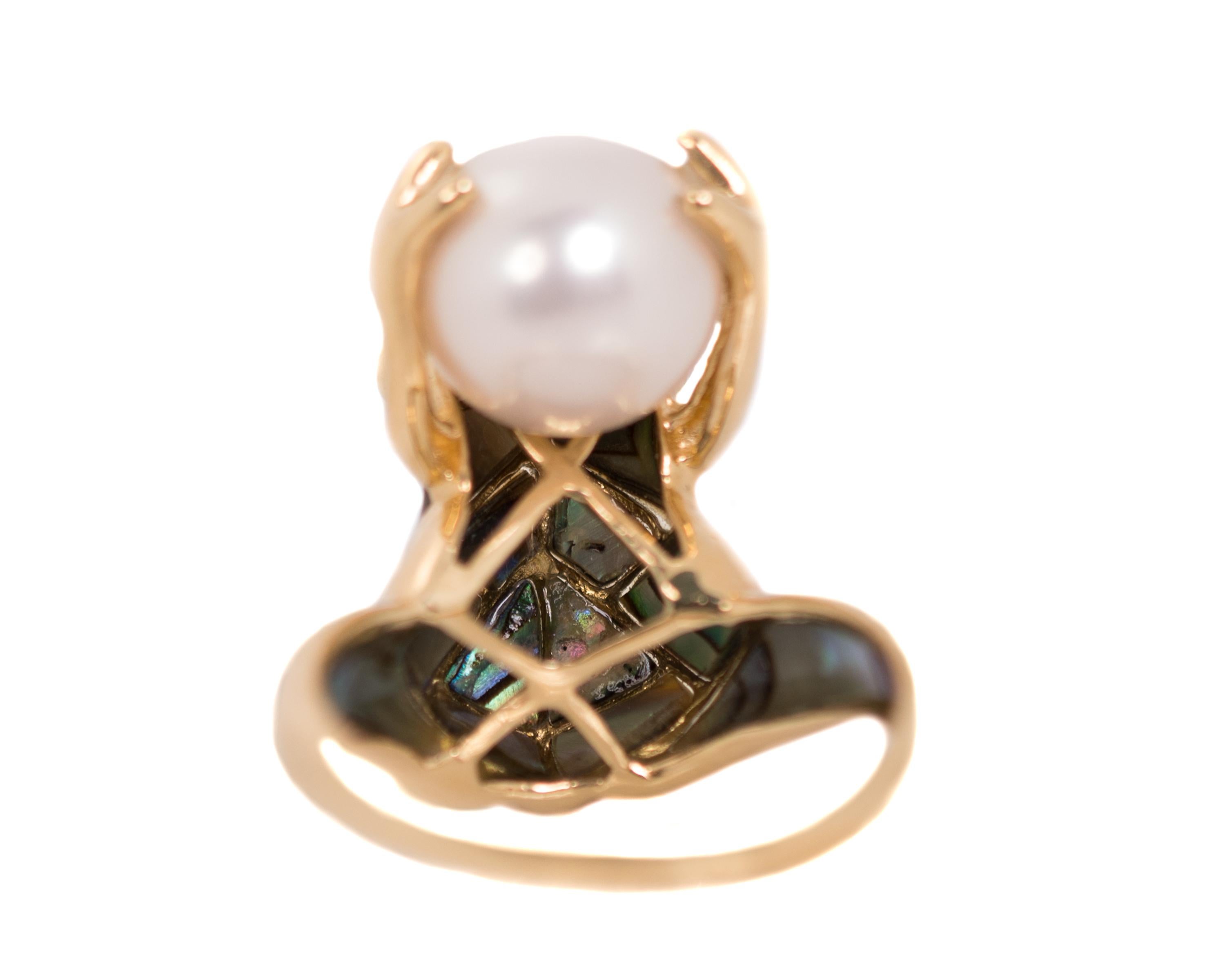 Frog Ring with 14 Karat Yellow Gold, Pearl, Abalone and Ruby 2