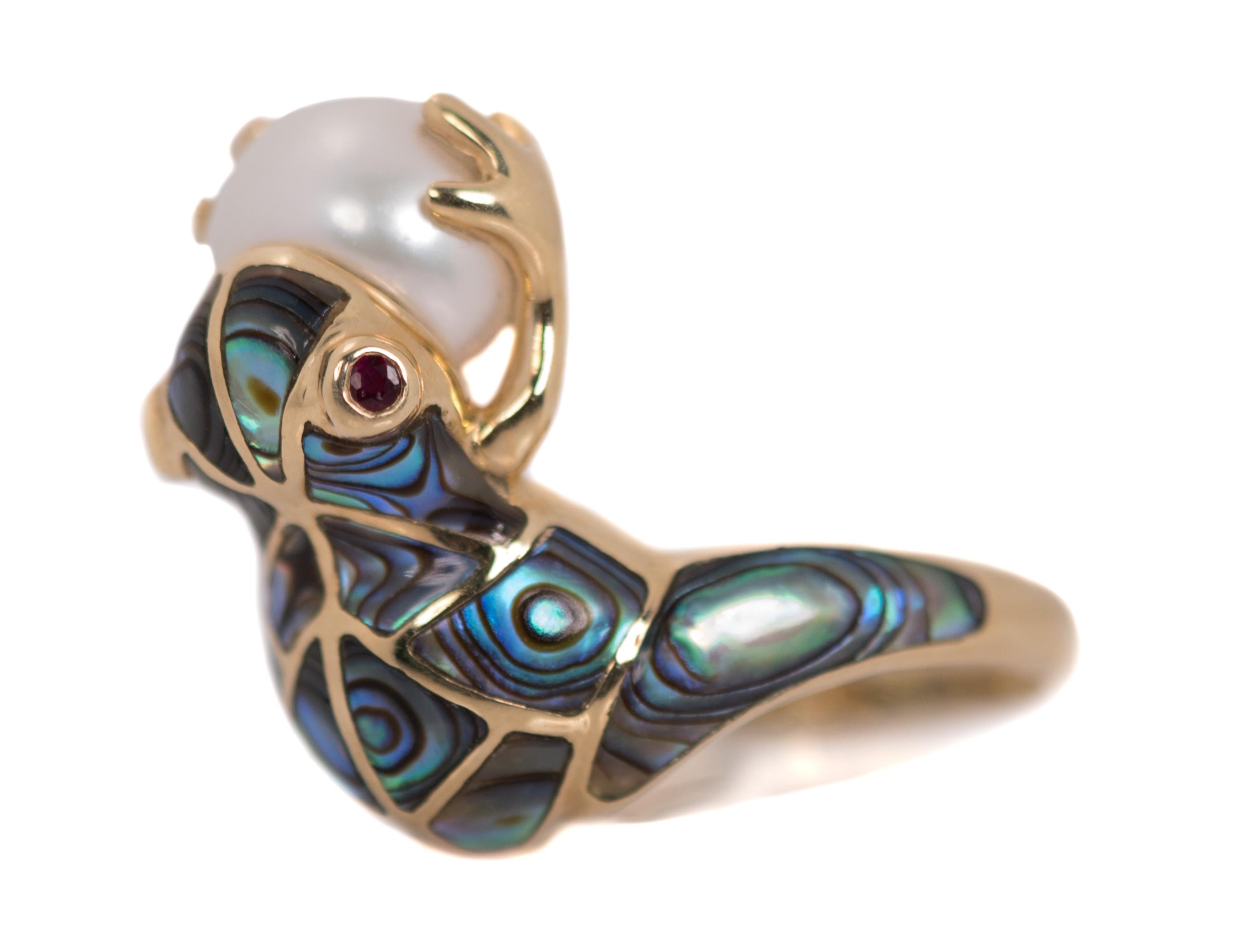 Frog Ring with 14 Karat Yellow Gold, Pearl, Abalone and Ruby 4