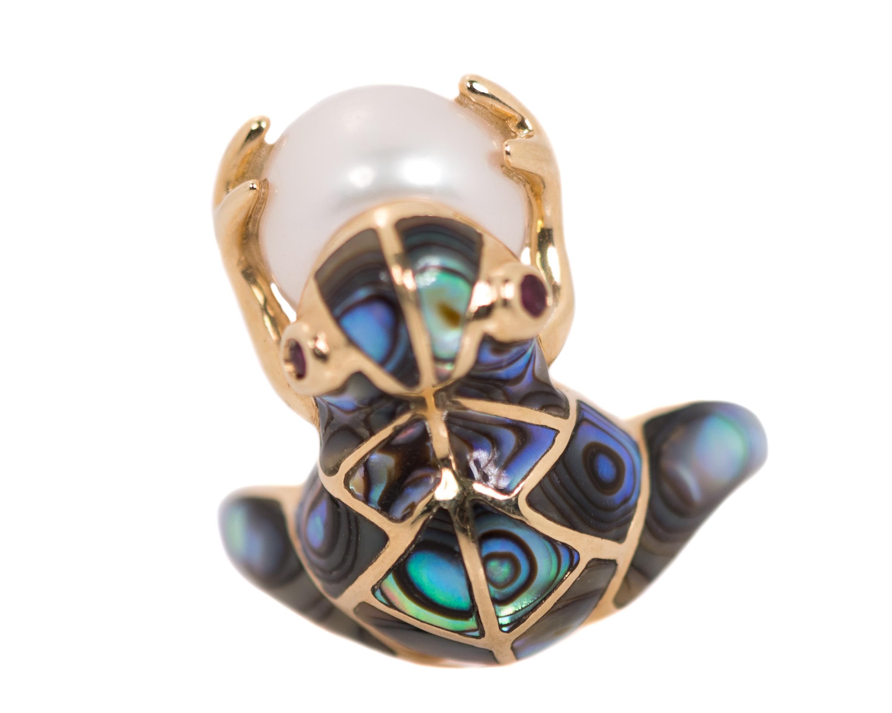 Frog Ring with 14 Karat Yellow Gold, Pearl, Abalone and Ruby 5