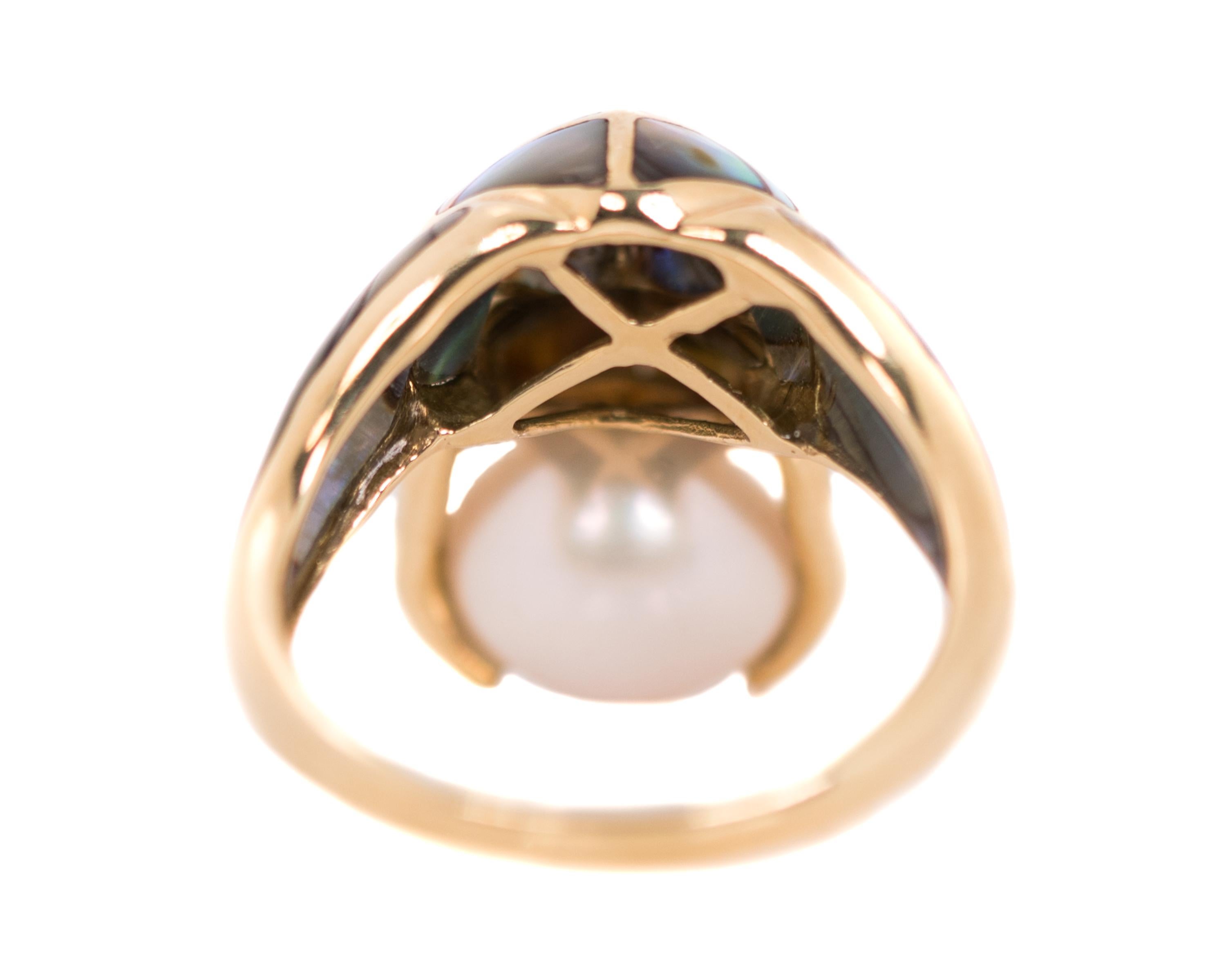 Contemporary Frog Ring with 14 Karat Yellow Gold, Pearl, Abalone and Ruby