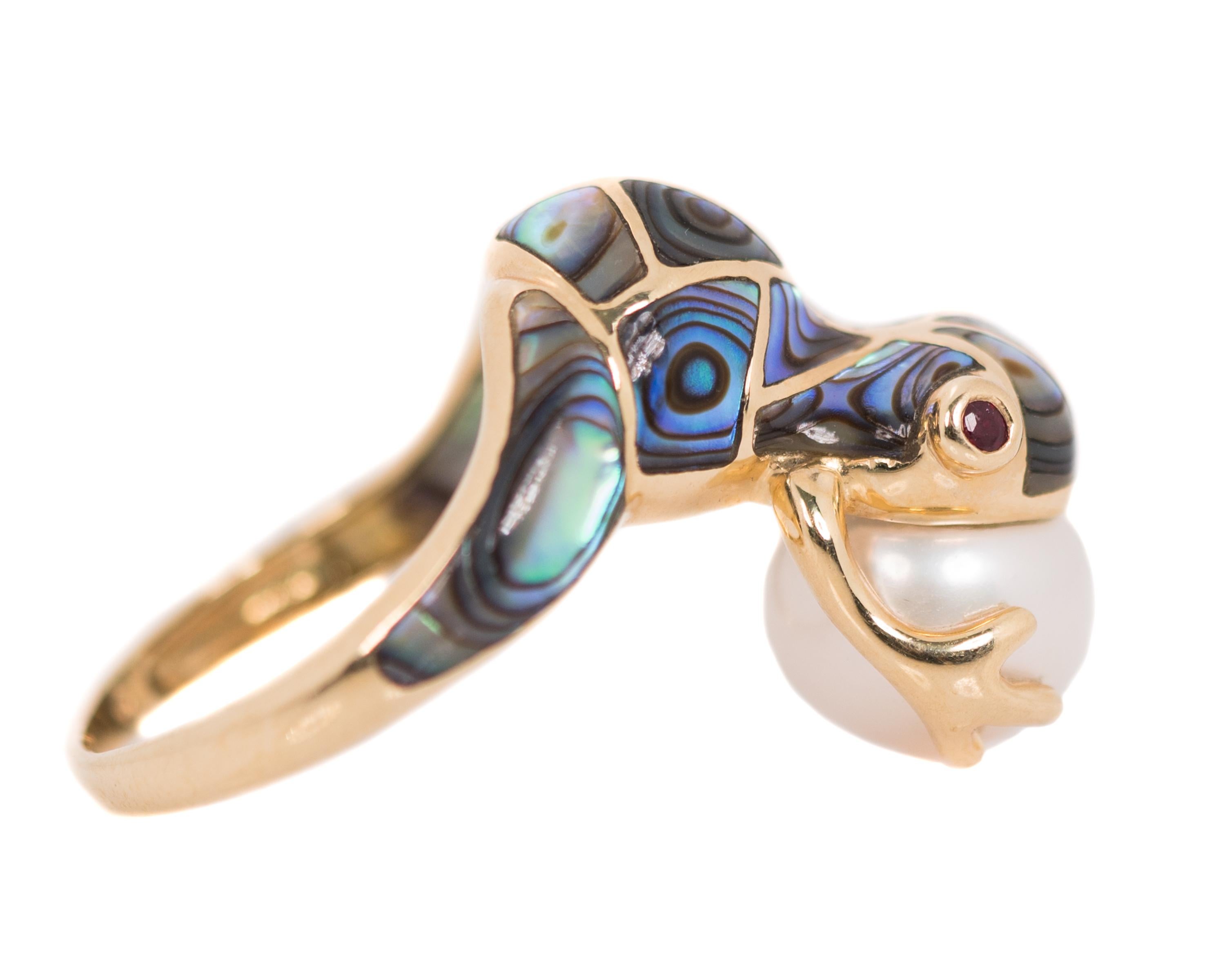 Round Cut Frog Ring with 14 Karat Yellow Gold, Pearl, Abalone and Ruby