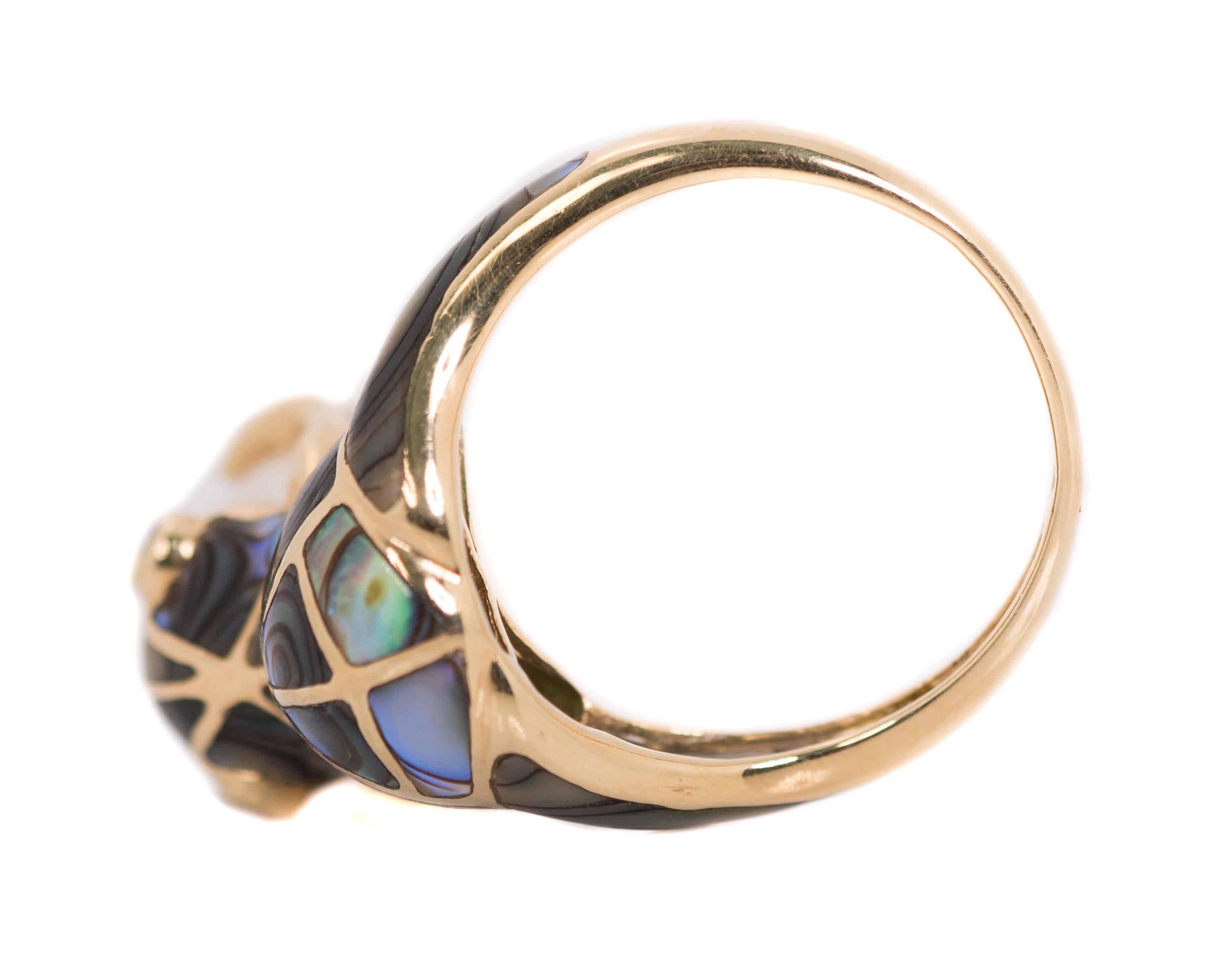 Frog Ring with 14 Karat Yellow Gold, Pearl, Abalone and Ruby In Excellent Condition In Atlanta, GA