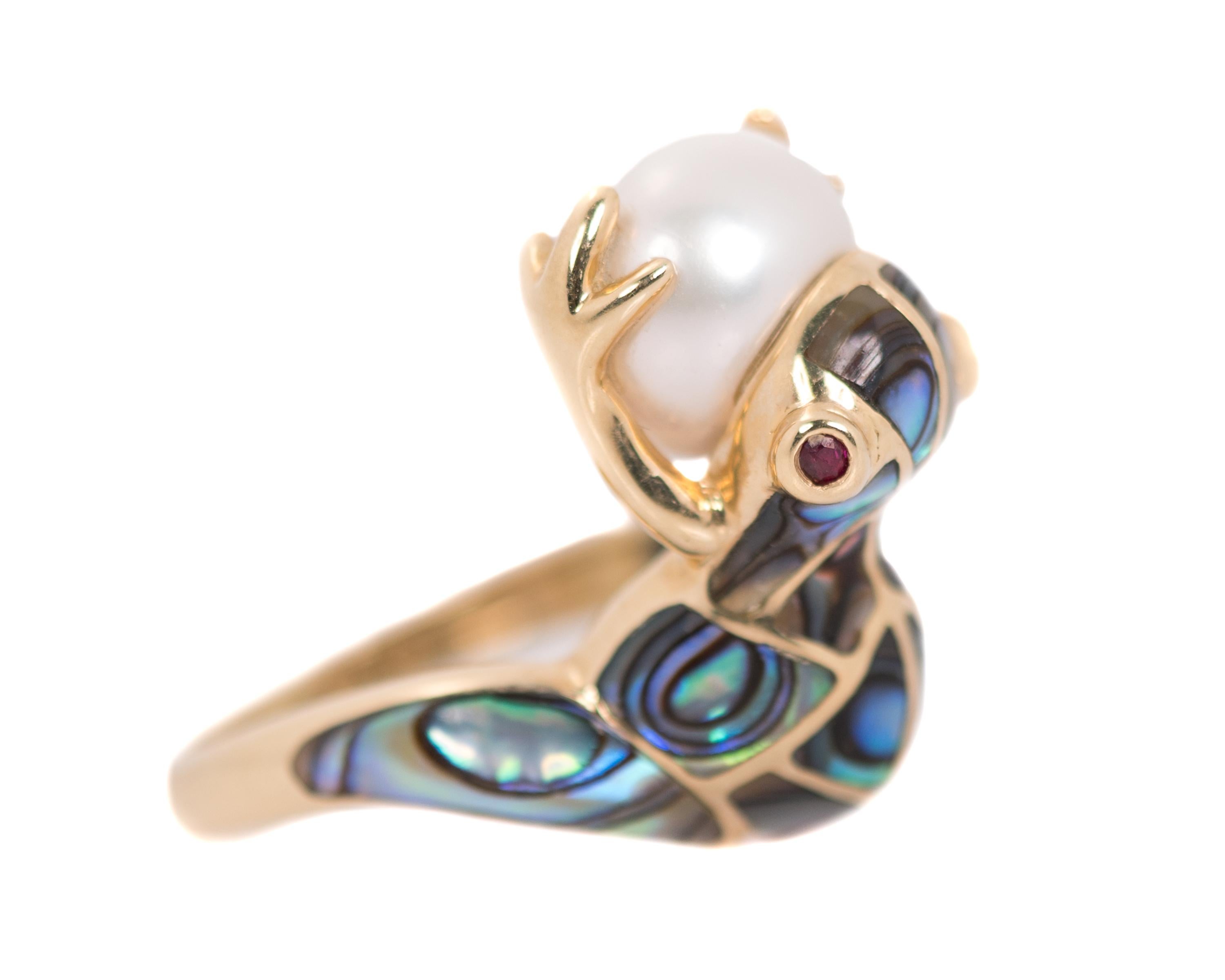 Women's Frog Ring with 14 Karat Yellow Gold, Pearl, Abalone and Ruby