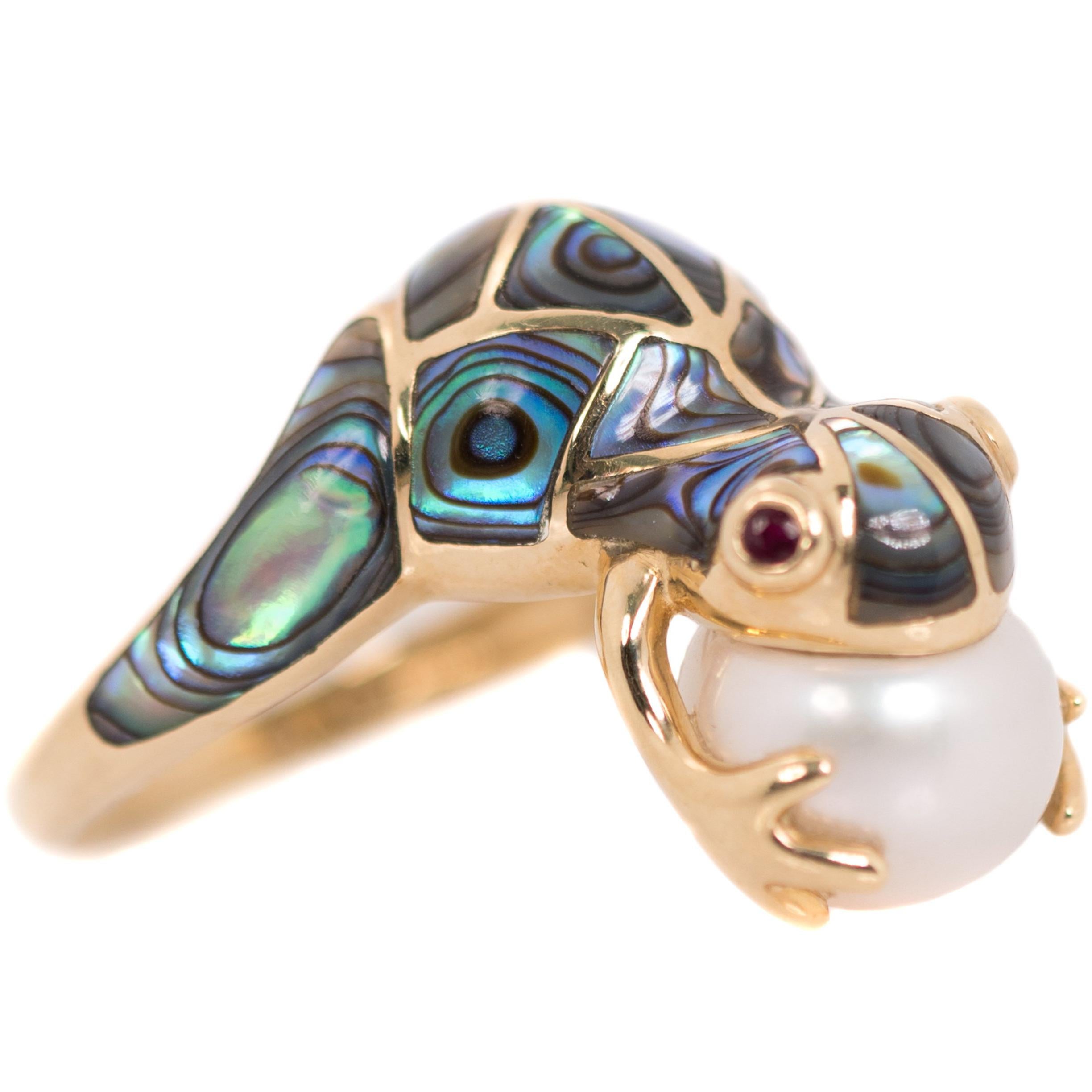 Frog Ring with 14 Karat Yellow Gold, Pearl, Abalone and Ruby