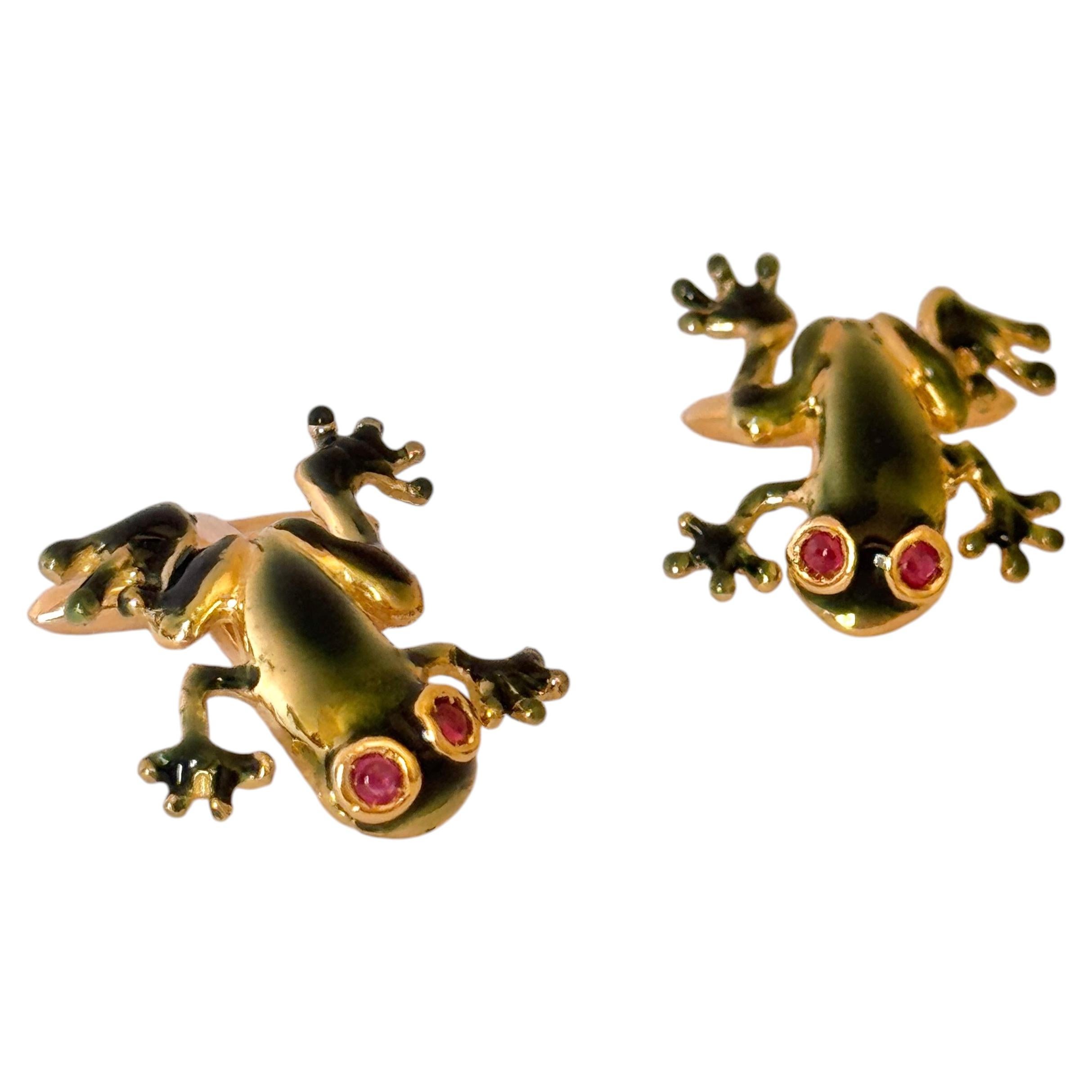 Frog Rubies Eyes 18k Yellow Gold Enamel Cufflinks Made in Italy