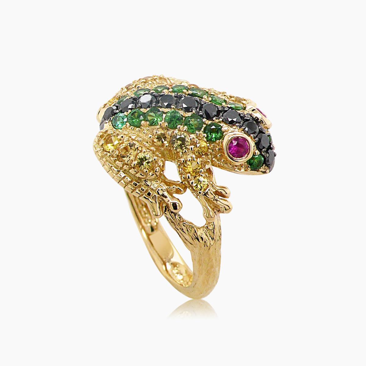 Taille mixte Bague en or jaune 18K grenouille rubis diamant pavé grenat vert et saphir jaune en vente