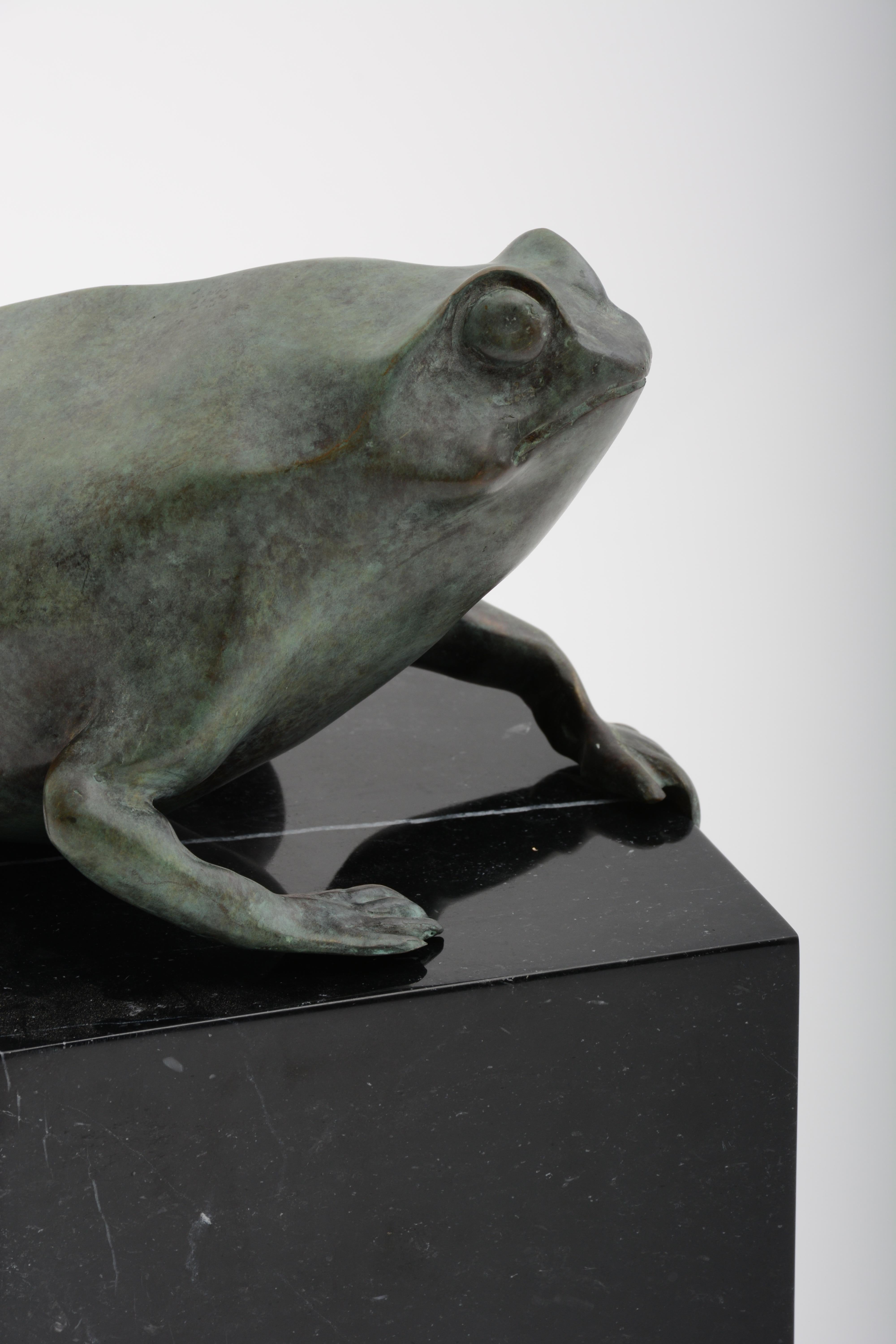 European Frog Sculpture in Verdigris Bronze and Black Marble by Elan Atelier (IN STOCK) For Sale