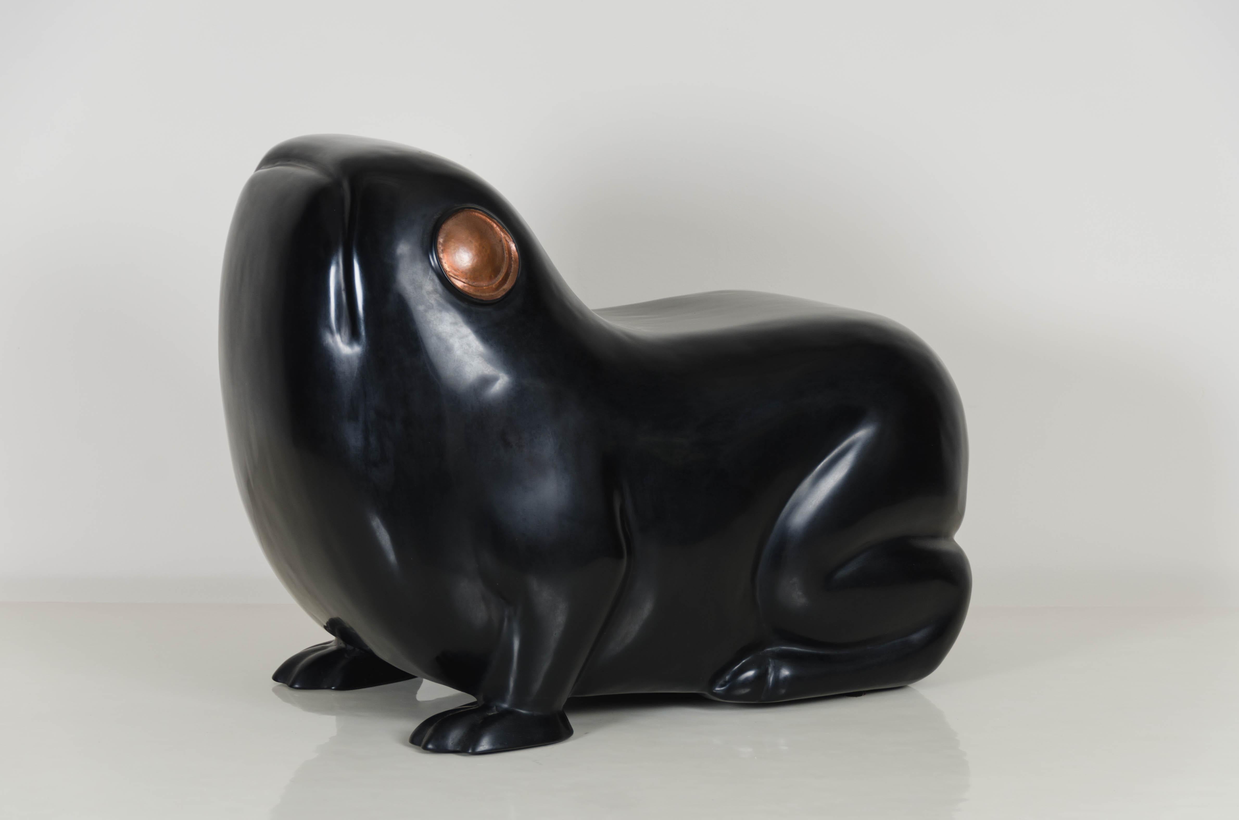 Copper Frog Seat, Black Lacquer by Robert Kuo, Hand Repousse, Limited Edition For Sale