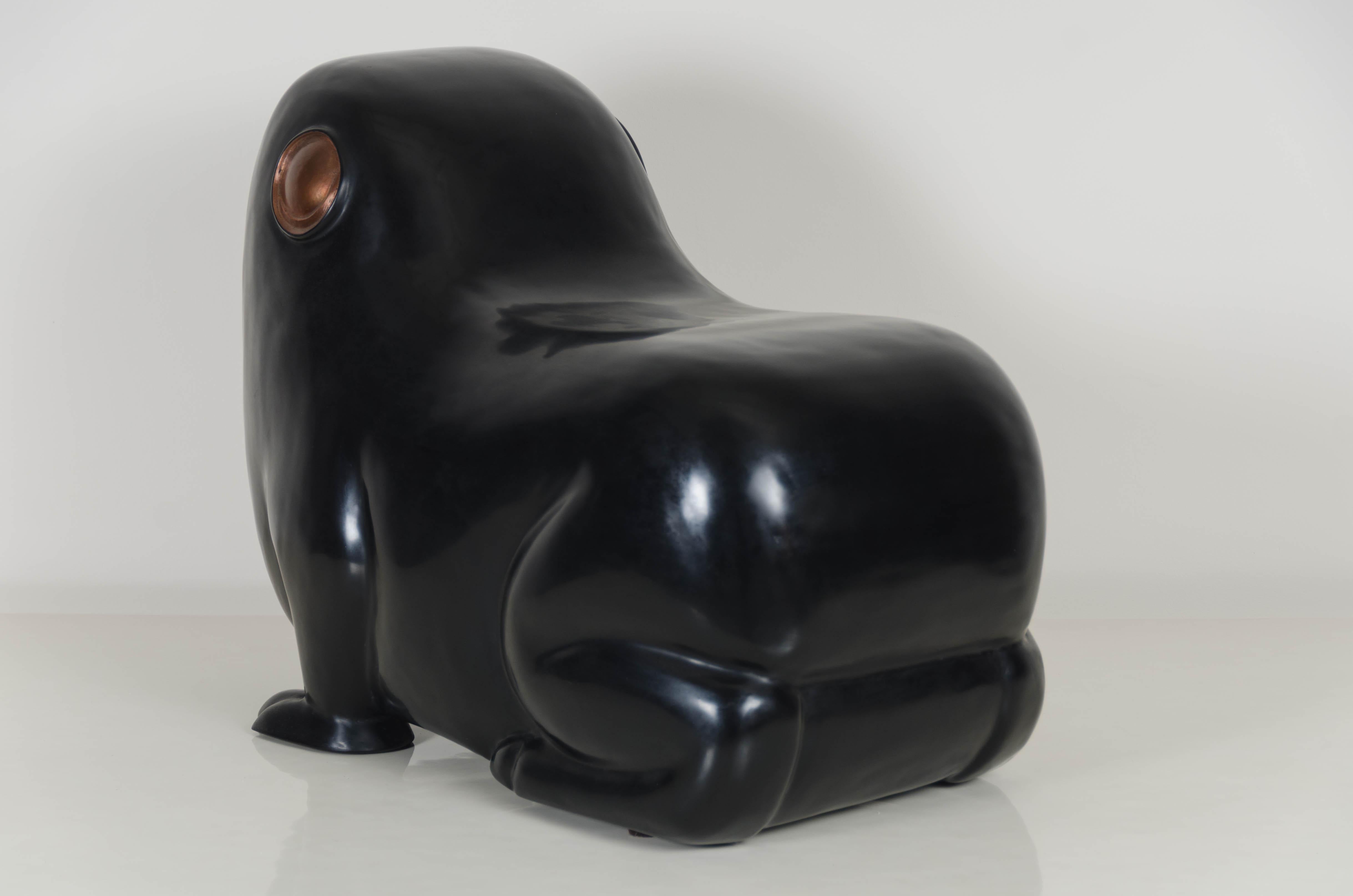 Frog Seat, Black Lacquer by Robert Kuo, Hand Repousse, Limited Edition For Sale 2