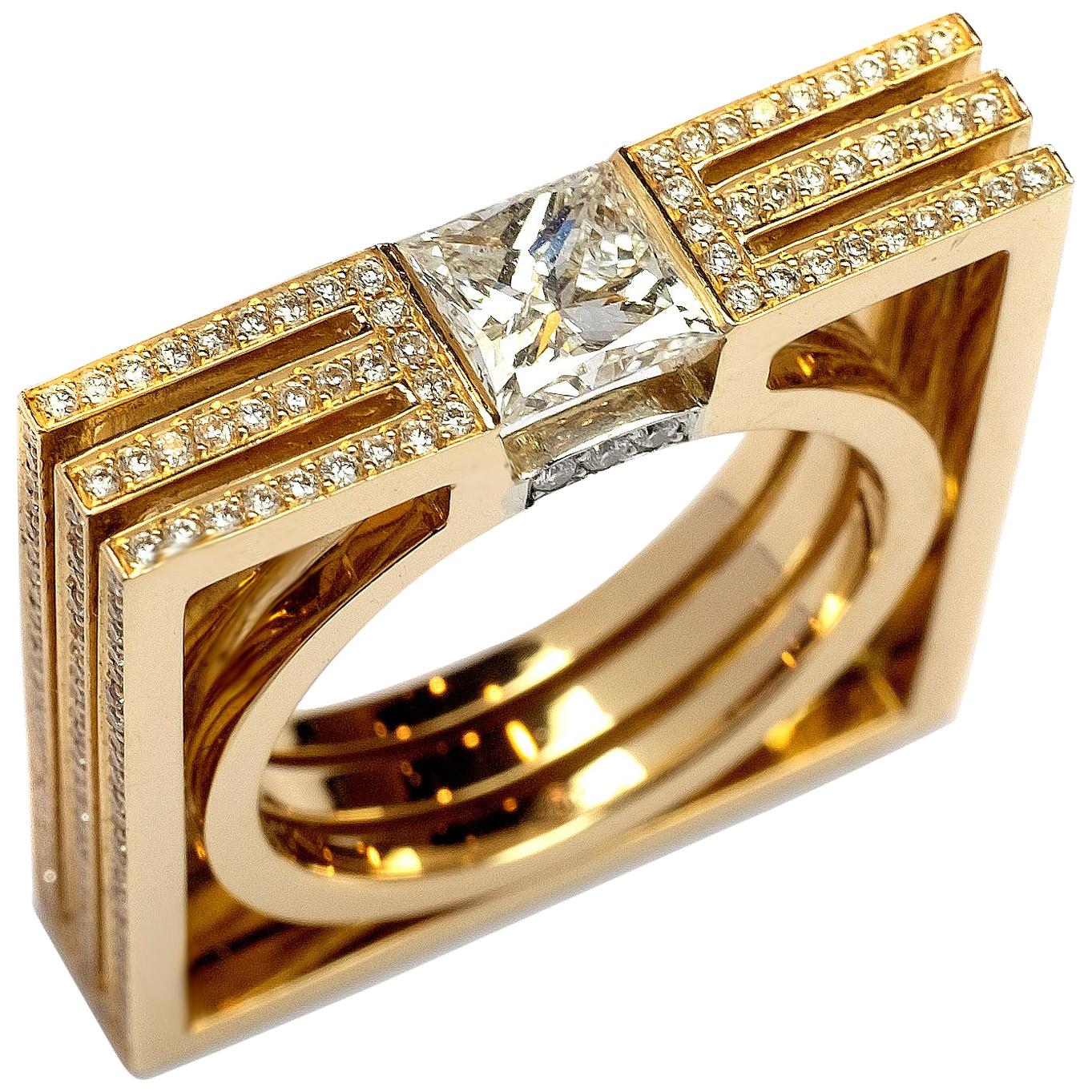 Frohmann 1 Carat Princess Cut Square Solitaire 18 Karat Yellow Gold Diamond Ring For Sale