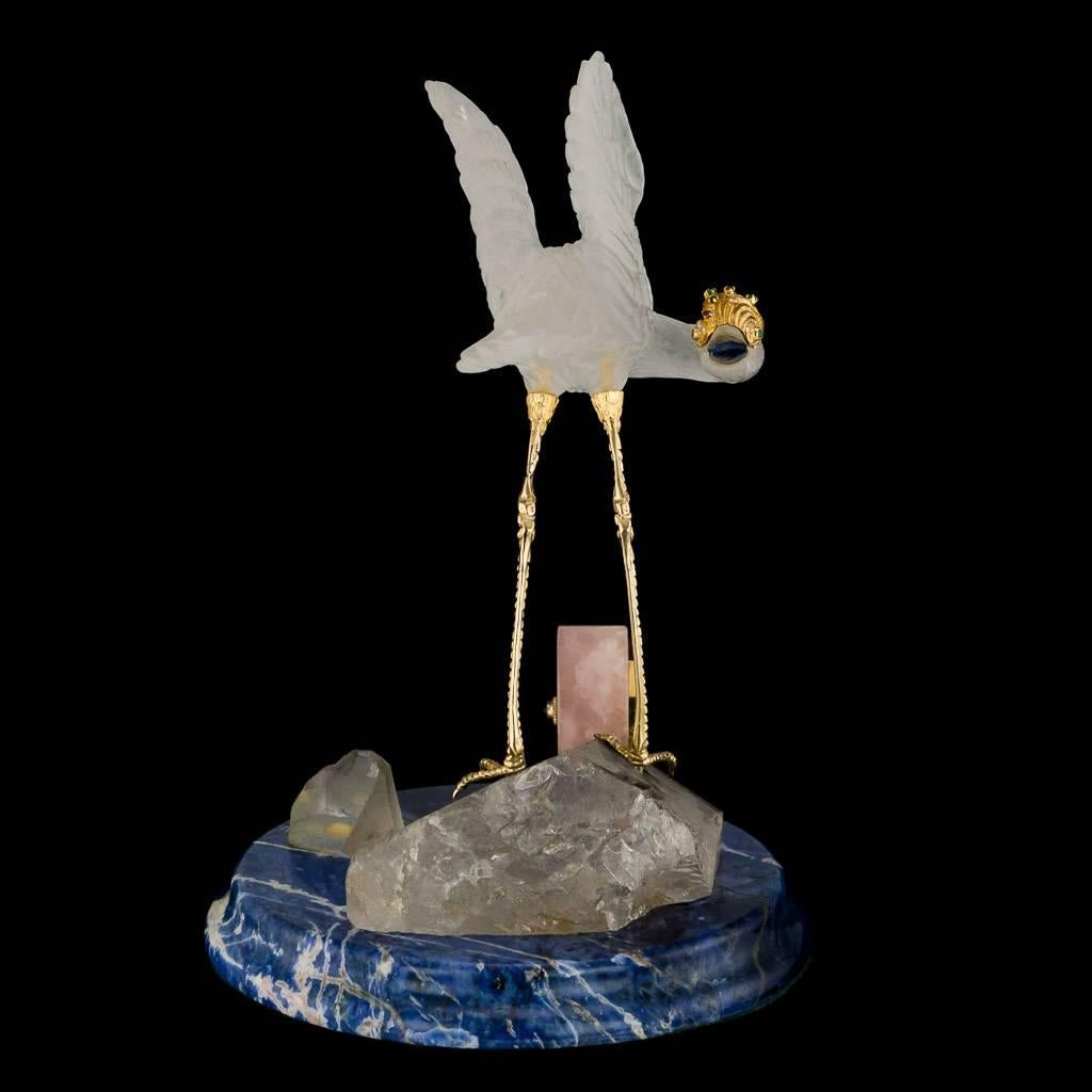 20th Century Frohmann 18 Karat Gold, Rock Crystal, Gem Bird Statue and Clock, circa 1980