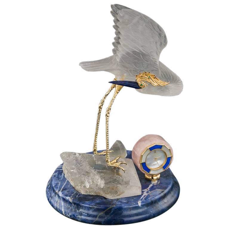 Frohmann 18 Karat Gold, Rock Crystal, Gem Bird Statue and Clock, circa 1980