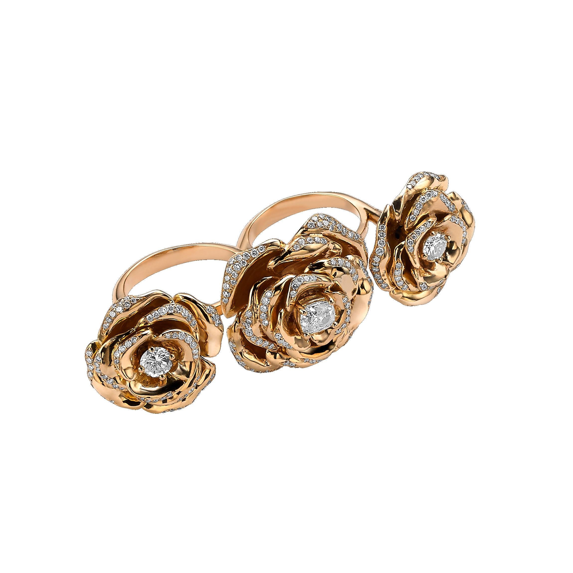 Frohmann 3 Roses 18 Carat Gold with Diamonds on 2 Fingers Ring For Sale