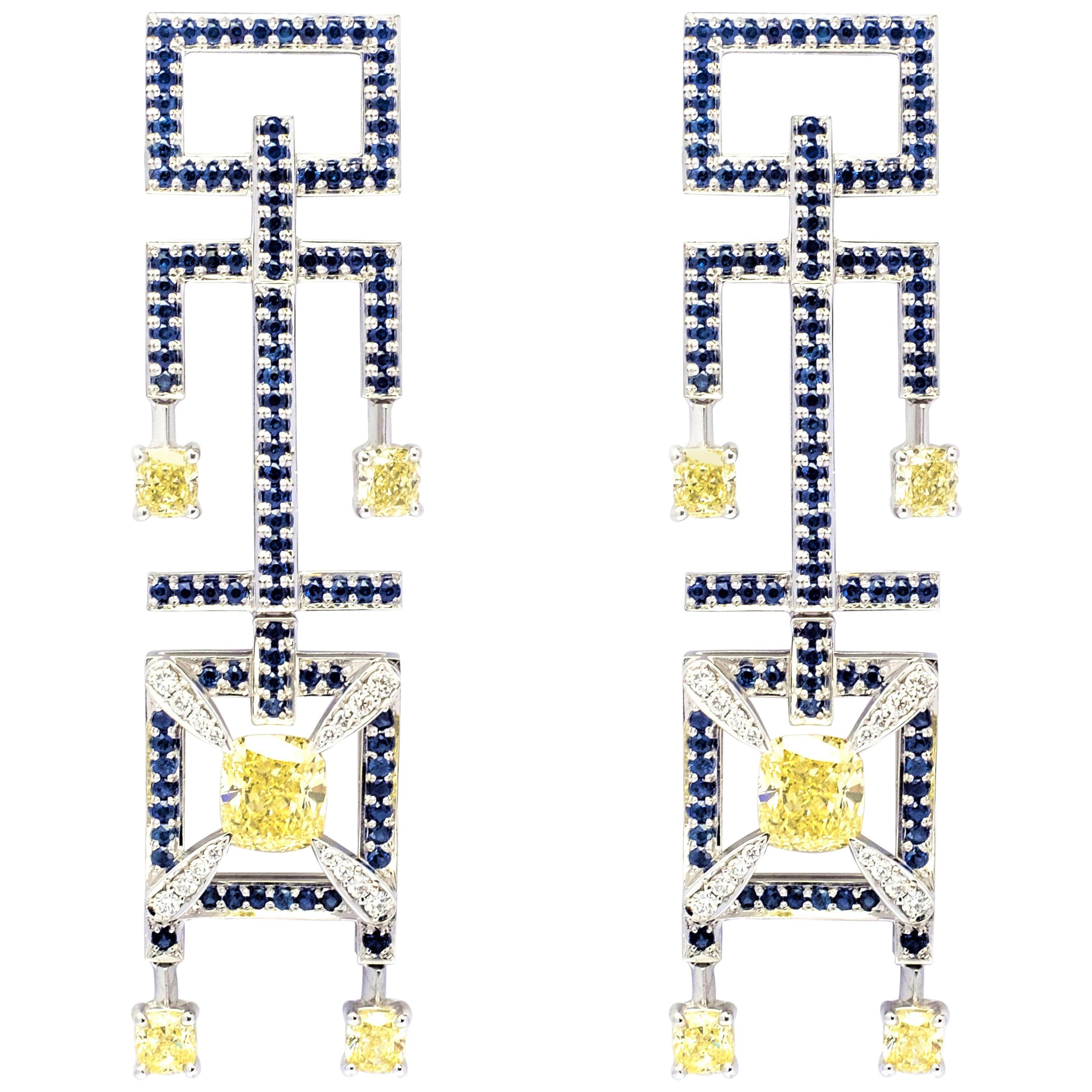 Frohmann Fancy Yellow Diamond and Sapphire 18 Carat Gold Earrings For Sale