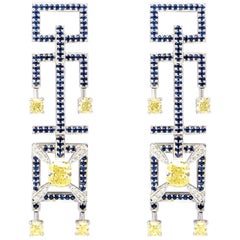 Frohmann Fancy Yellow Diamond and Sapphire 18 Carat Gold Earrings