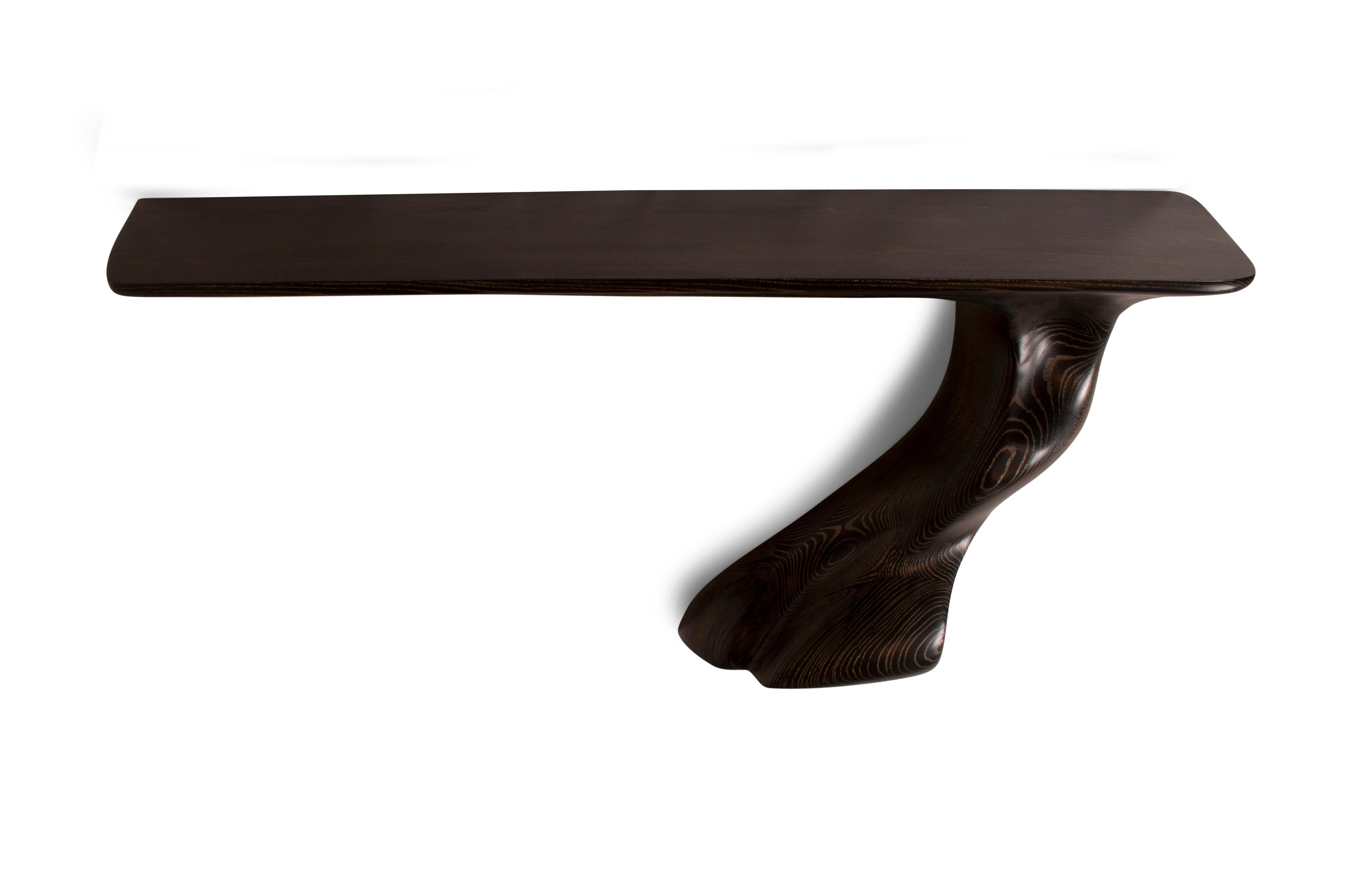 Organic Modern Frolic Modern Wall Mounted Console Golden Ebony Stain on Ash wood Facing Right For Sale