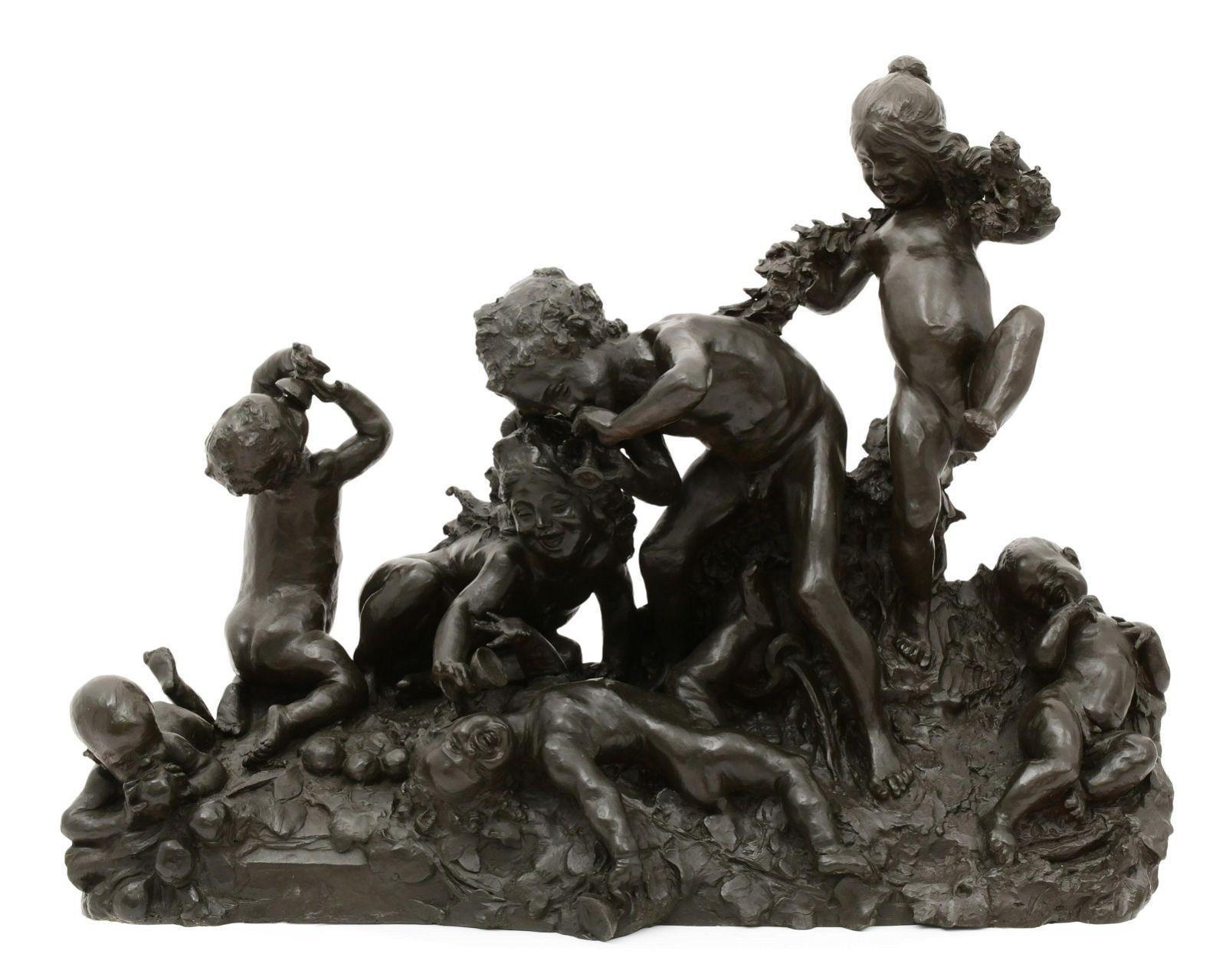 Very large and finely cast bronze sculpture of frolicking cherubs after the French sculptor, Joseph Gustave Cheret (1838-1894).