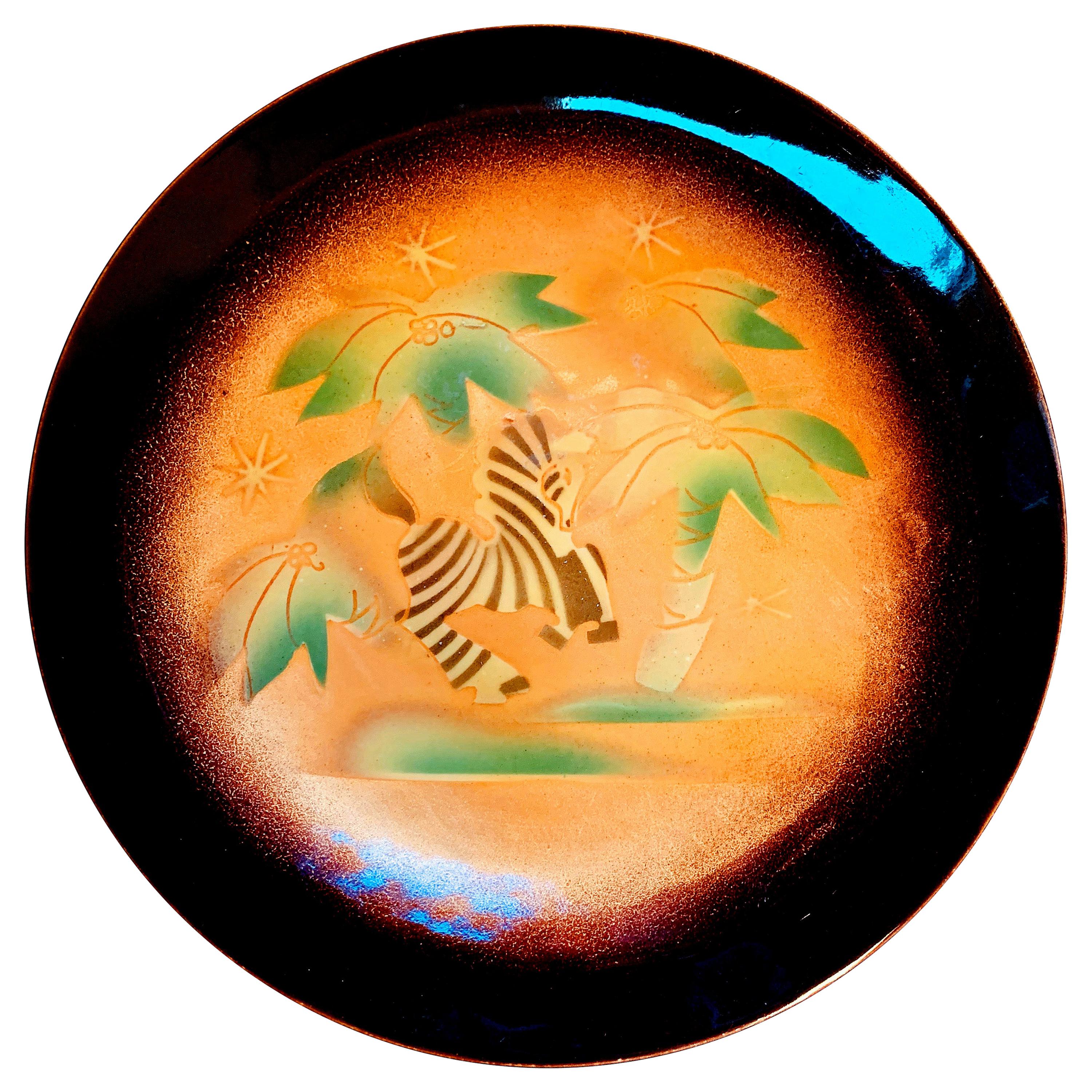 "Frolicking Zebra, " Art Deco Enameled Plate in Orange & Green by Edward Winter For Sale