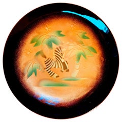"Frolicking Zebra," Art Deco Enamelled Plate in Orange & Green by Edward Winter