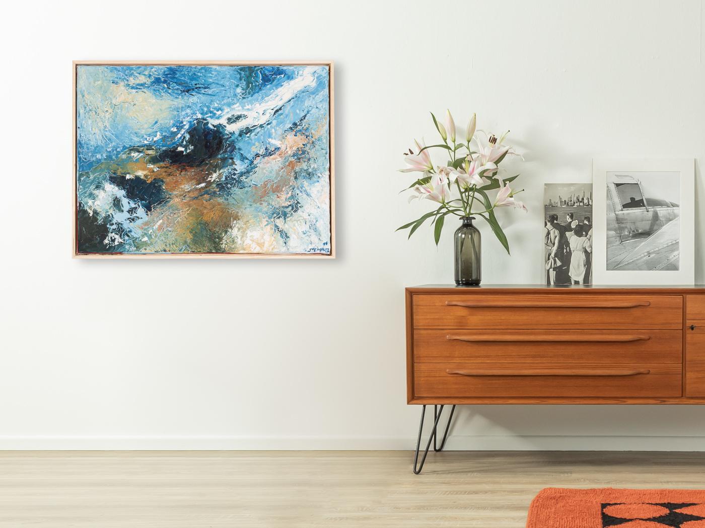 Abstract painting with different shades of blue and earth tones. Pasty colours with a marbling effect. Oil on canvas framed in a floater frame made of ash wood. Ready to hang.

 Width 83 cm
 Height 63 cm
 Depth 3 cm

Size without frame: W 79