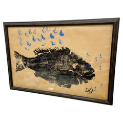 Japanese Koi Fish Art Abstract Ink Painting Framed and Signed from Japan