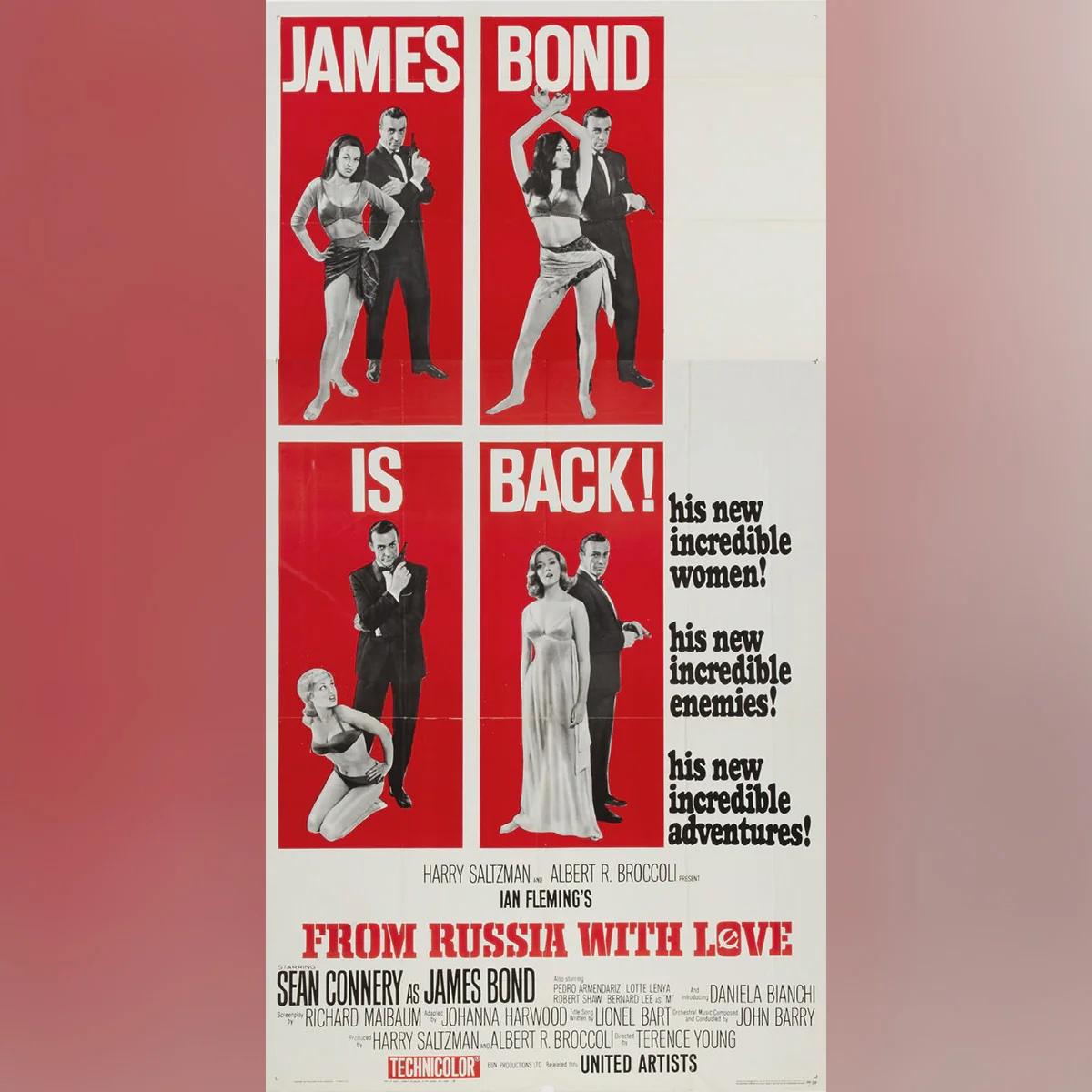 Dalla Russia con amore (1963)
Tre fogli (41 X 81 pollici)

L'agente 007 (Sean Connery) torna nel secondo capitolo della serie di James Bond, questa volta per combattere un'organizzazione criminale segreta nota come SPECTRE. I russi Rosa Klebb (Lotte