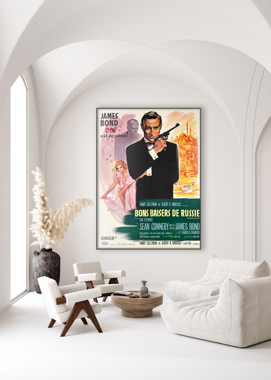 We love Boris Grinsson's design and colours on the French Grande film poster for From Russia With Love.  This first release from 1964 is super rare and is in fantastic condition.

In Sean Connery’s second outing as Bond, James Bond he willingly