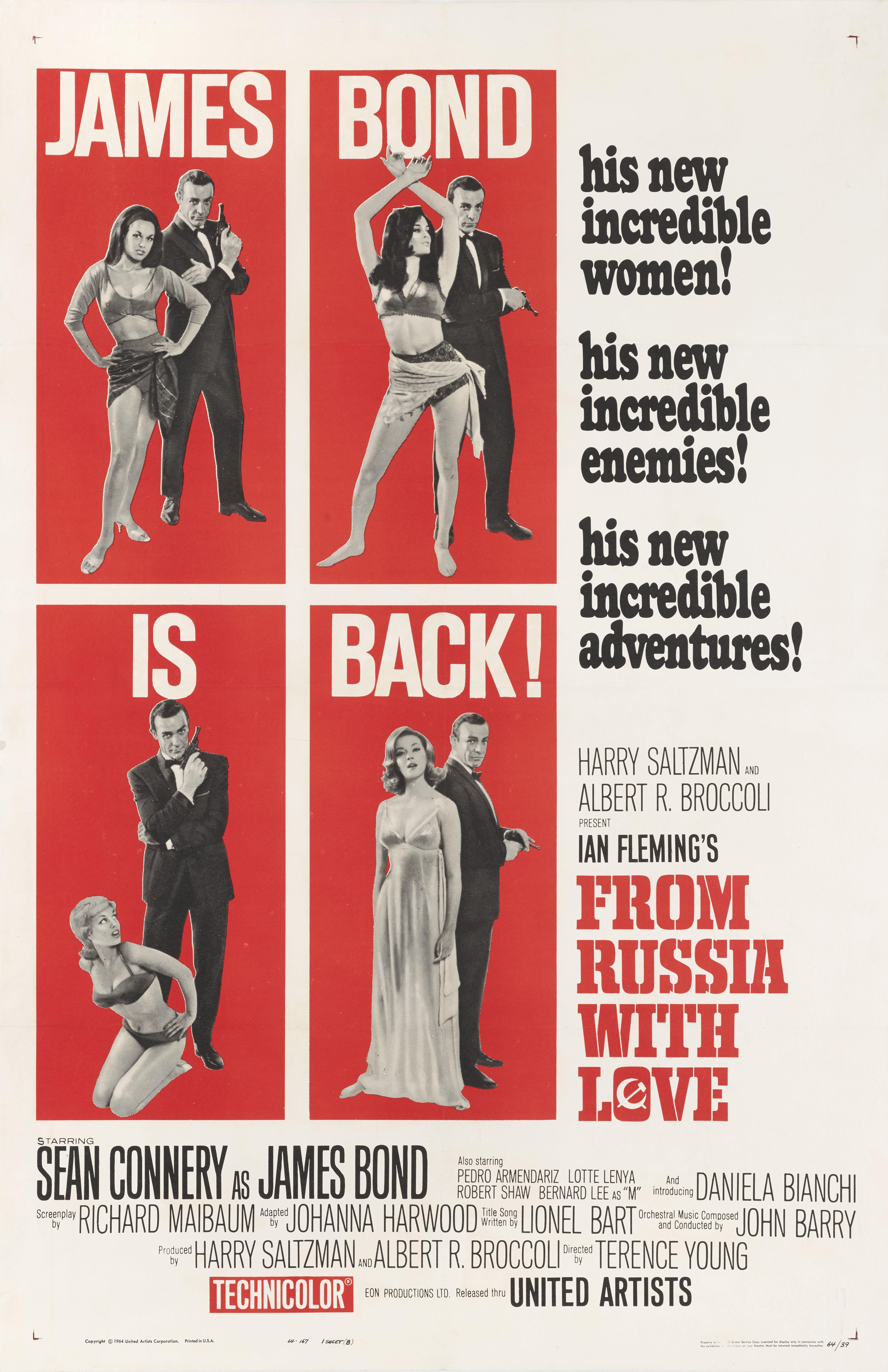 Original US style B film poster for the second James Bond film From Russia with Love 1963.
The film starred Sean Connery as James Bond 007 and was directed by Terence Young.
This poster is conservation linen backed and it would be shipped rolled in