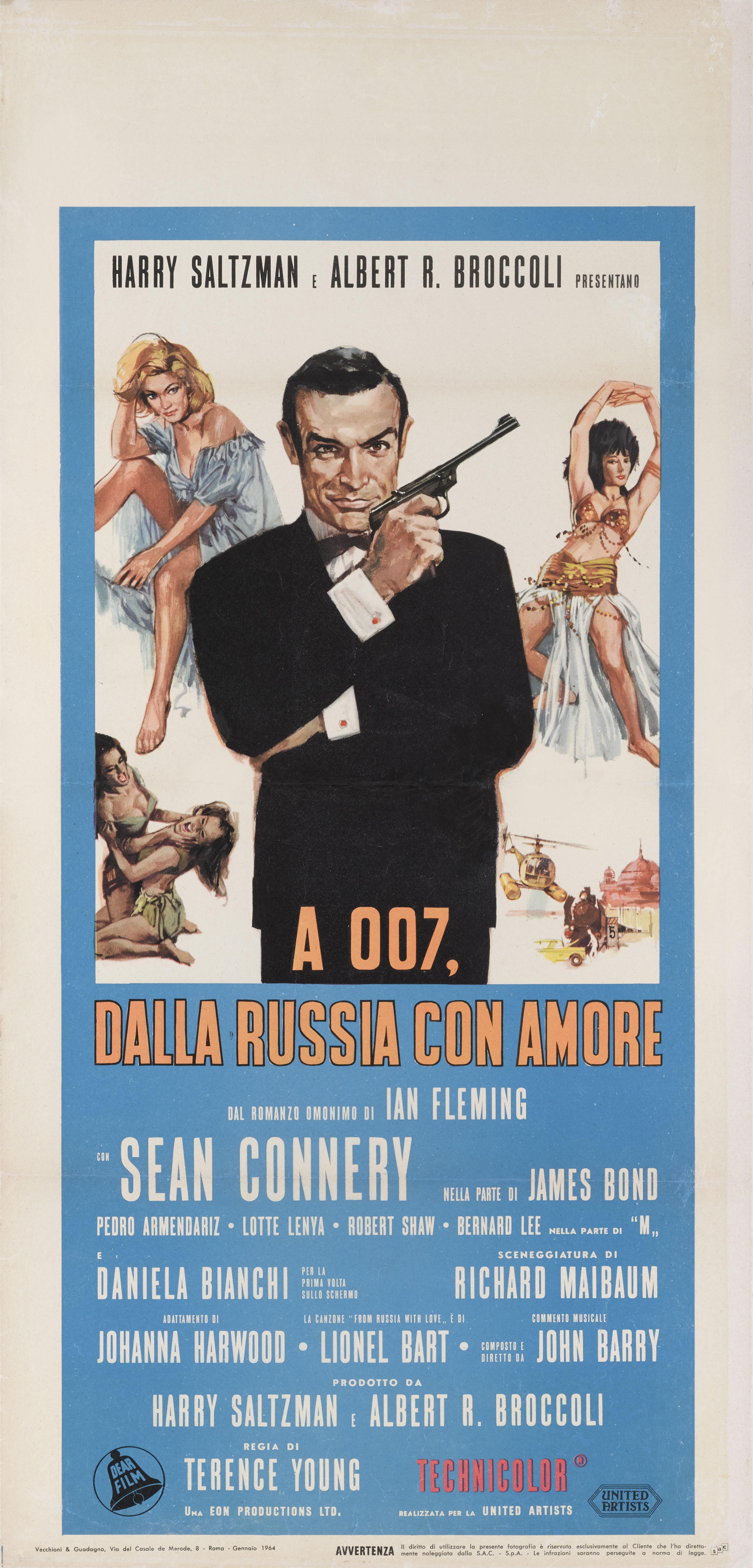 Cartel original italiano de la segunda película de James Bond Desde Rusia con amor 1963.
La película estaba protagonizada por Sean Connery como James Bond 007 y dirigida por Terence Young.
Este cartel se creó para el primer estreno italiano de la