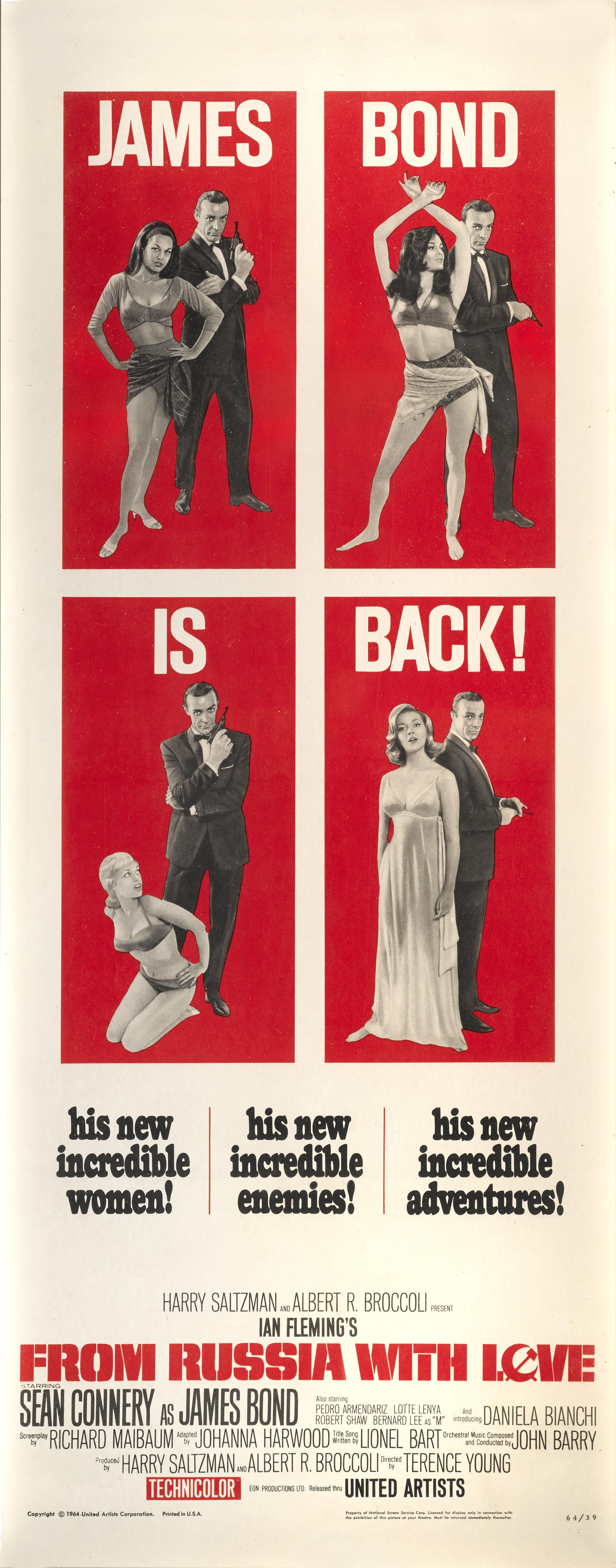 Original American film poster for the second James Bond film From Russia with Love (1963) Staring Sean Connery and Daniela Bianchi. This film was directed by Terence Young. This poster is unfolded Paper backed and conservation framed with UV