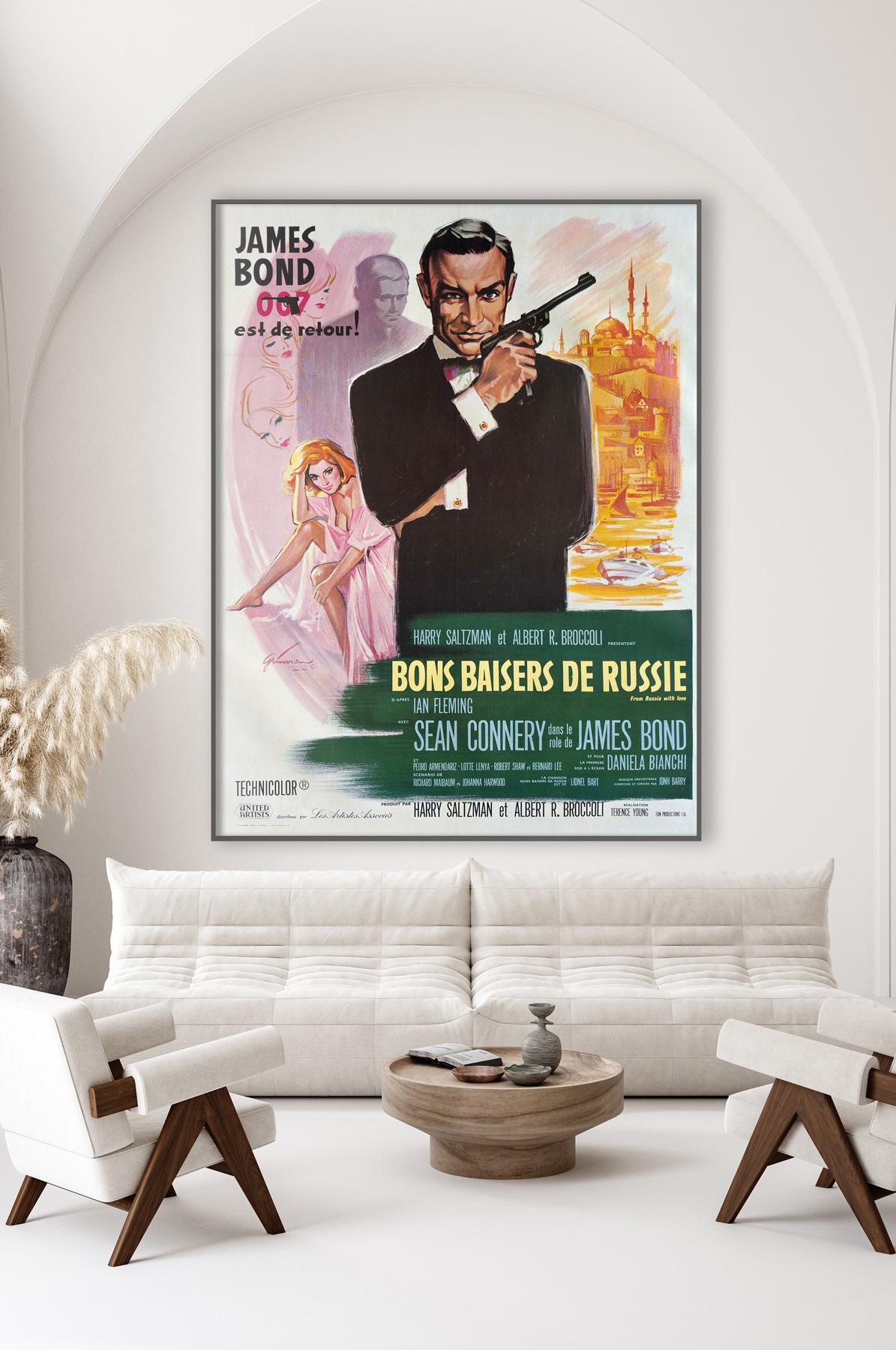 We love Boris Grinsson's design and colours on the French Grande film poster for From Russia With Love.  This early re-release from the 1970s is in fantastic condition.

In Sean Connery’s second outing as Bond, James Bond he willingly falls into an
