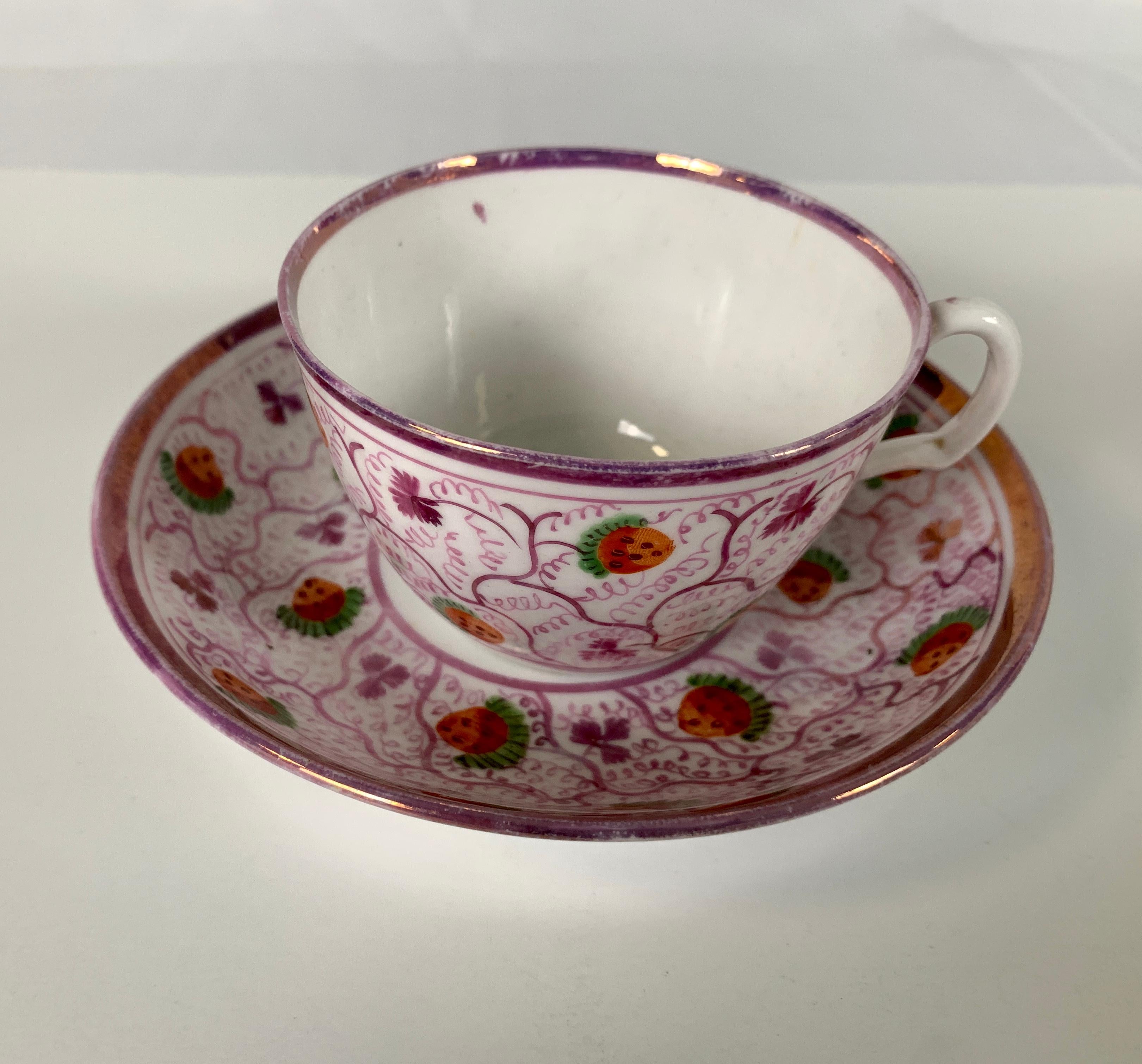 Early Victorian From the Collection of Mario Buatta a Pair of Pink Lustre Cups and Saucers