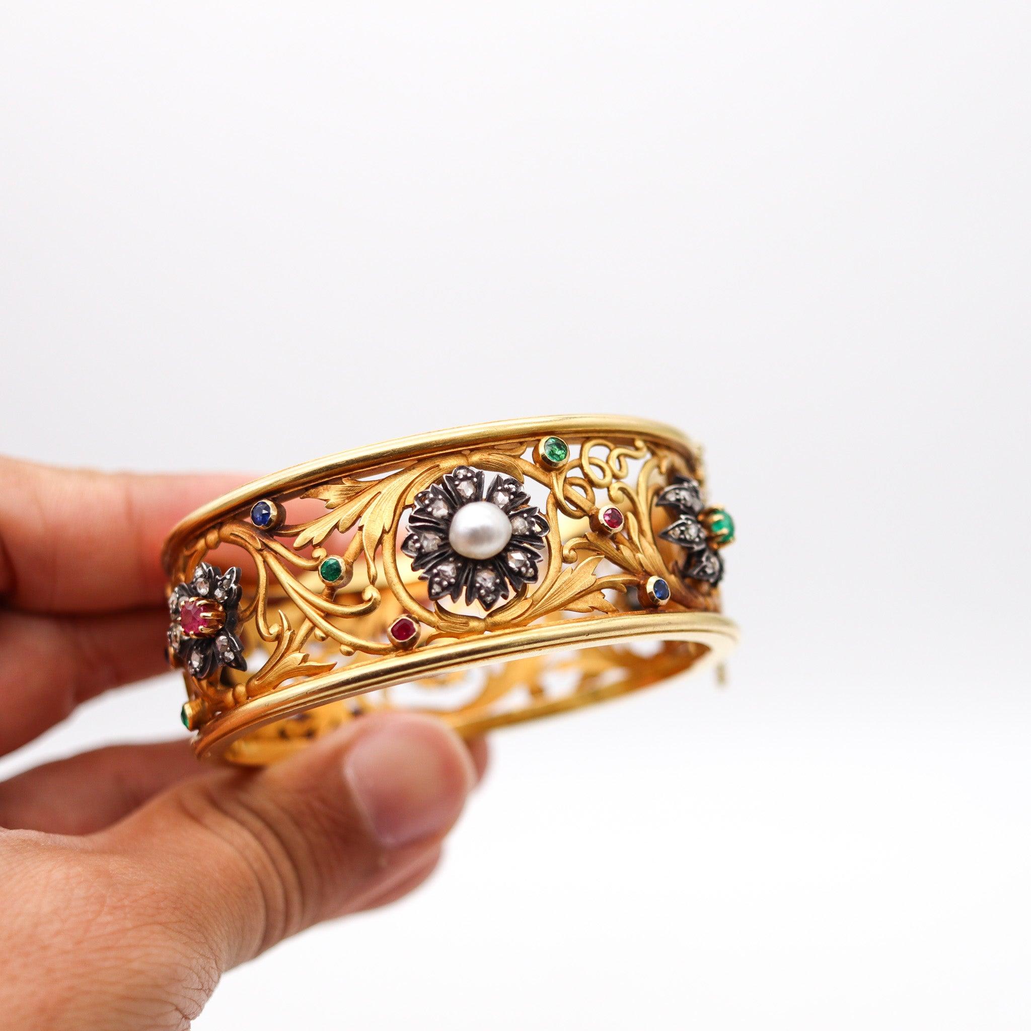Taglio a rosa FROMENT-Meurice 1890 Bracciale Art Nouveau in oro 18Kt con pietre preziose in vendita