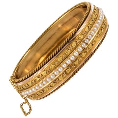 Froment-Meurice 19th Century Natural Pearl Ivy Leaves Gold Bangle Bracelet