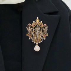 Froment Meurice Renaissance Revival, Saint Cecilia Pearl and Ruby Gold Brooch