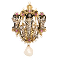 Froment Meurice Renaissance Revival, Saint Cecilia Pearl and Ruby Gold Brooch