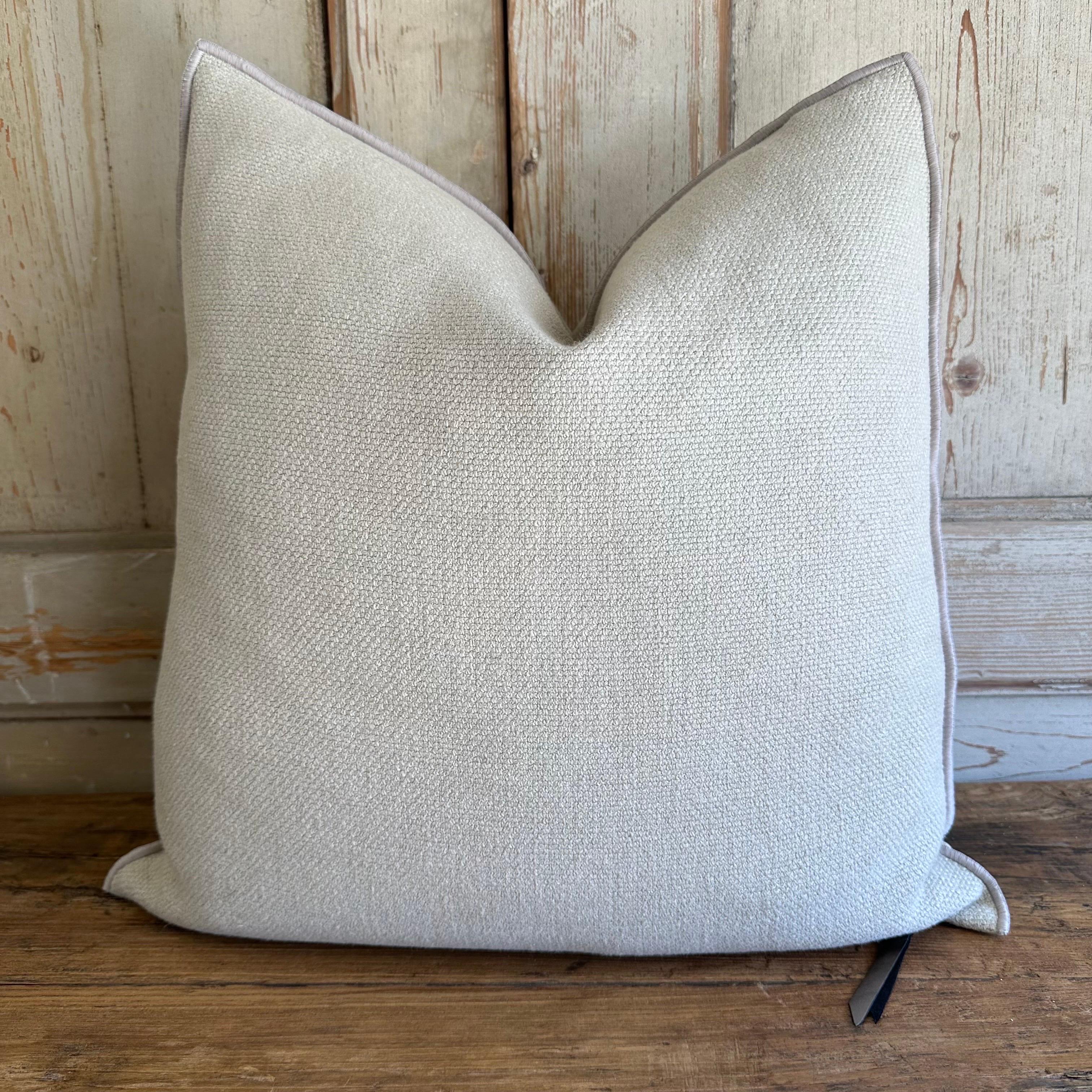 Fromentera:
Custom linen blend accent pillow. 
Color: ciment: A pretty light gray colored nubby style pillow with a stitched edge, metal zipper closure. 
Size: 22” x 22”
Our pillows are constructed with vintage one of a kind textiles from around