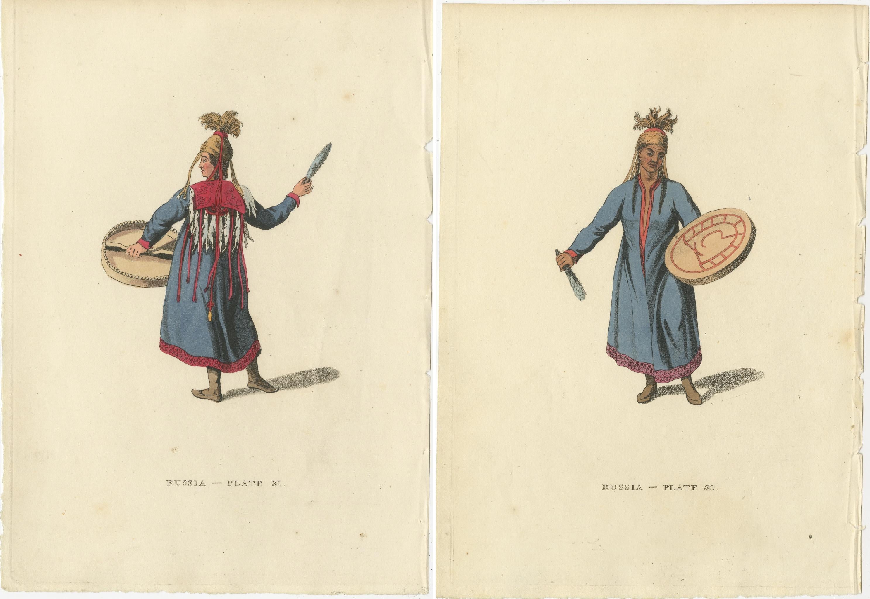 The two original antique engravings present a detailed look at the ceremonial dress of a Female Shaman from the indigenous peoples of Russia, illustrating both the front and back views.

1. The first engraving depicts the Female Shaman in a standing