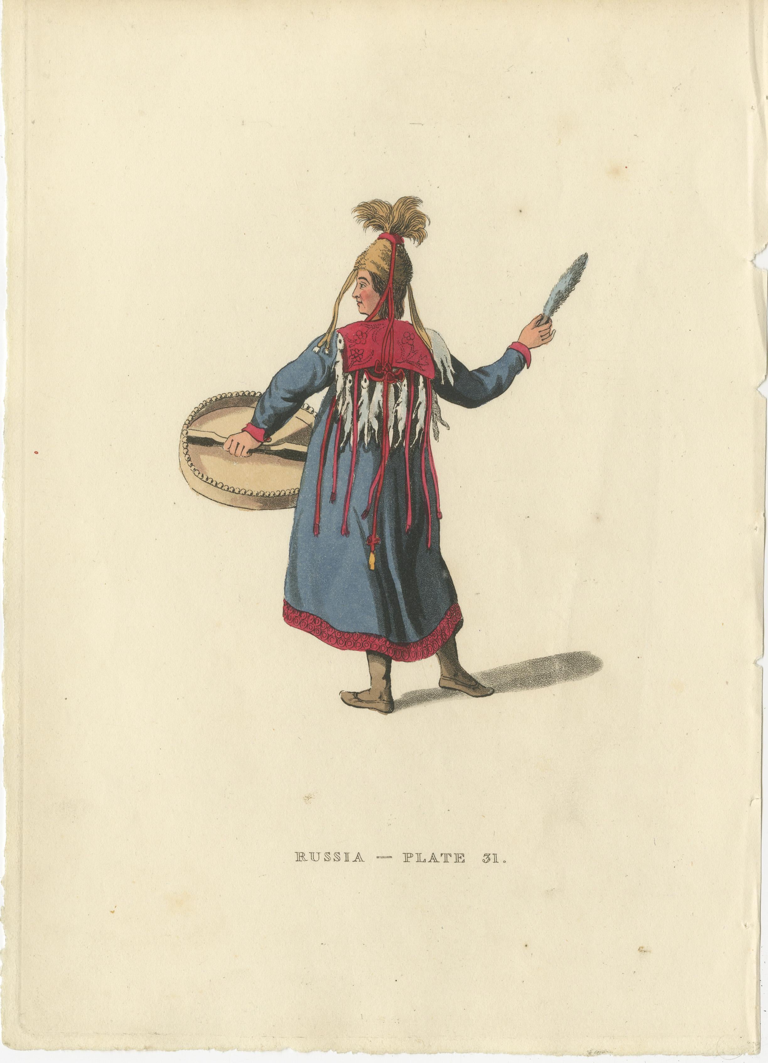 Engraved Front and Rear Views of a 19th-Century Female Siberian Shaman in Russia, 1814 For Sale