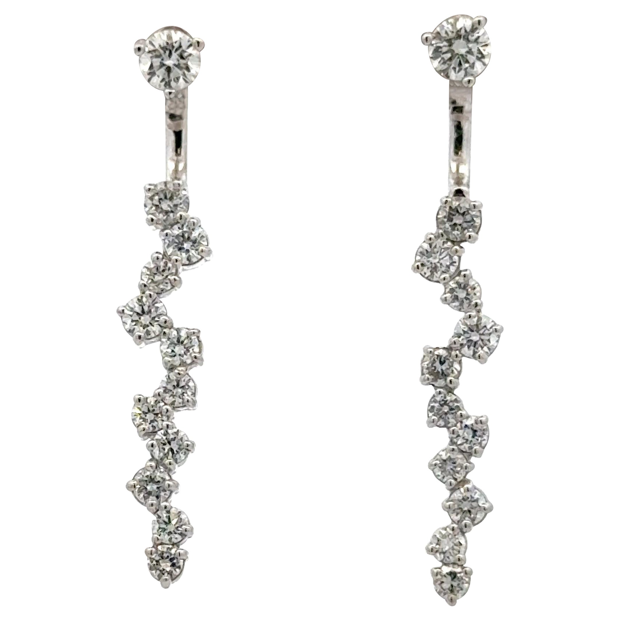 Front & Back Diamond Zig-Zag Drop Earrings 1.30 Carats 14 Karat White Gold