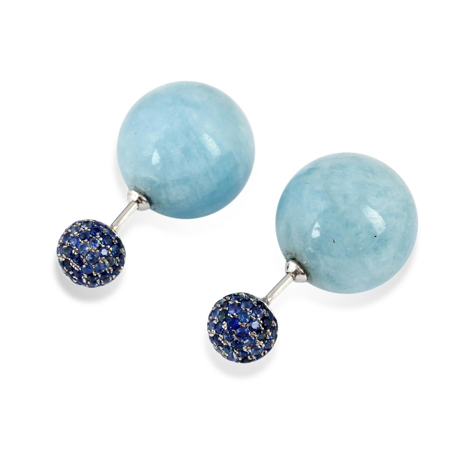 Taglio a sfera Orecchini a perno con zaffiro blu e acquamarina, fronte retro in vendita