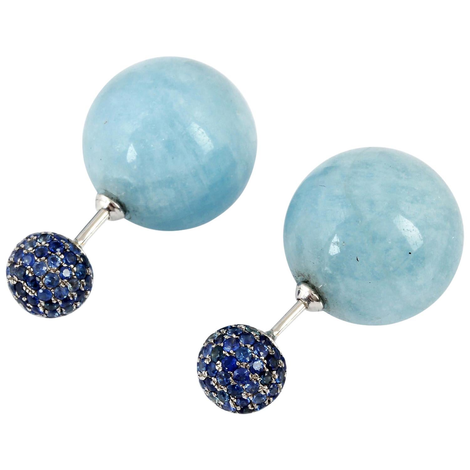 Front Back Double Sided Aquamarine Blue Sapphire Stud Earrings