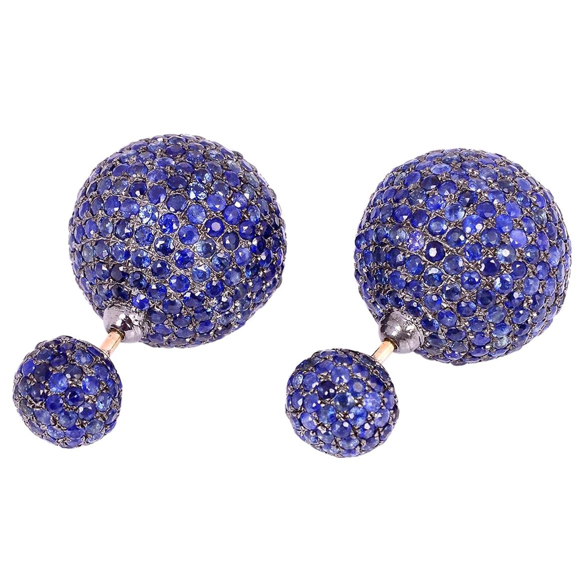 Front Back Double Sided Blue Sapphire Stud Earrings For Sale
