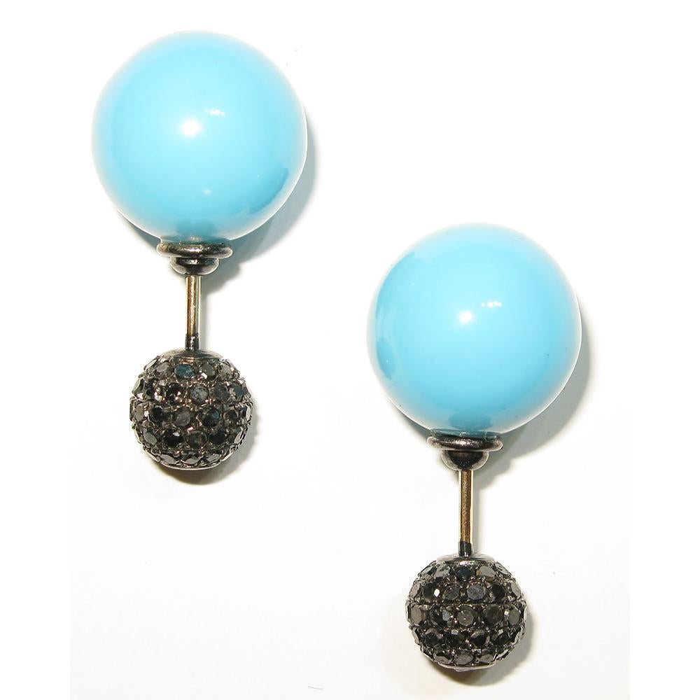 Modern Front Back Double Sided Diamond Turquoise Tunnel Stud Earrings For Sale