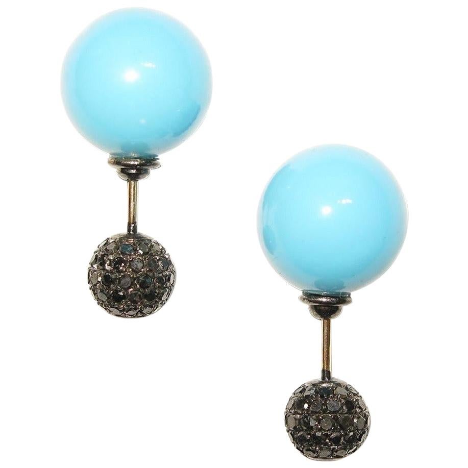 Front Back Double Sided Diamond Turquoise Tunnel Stud Earrings For Sale